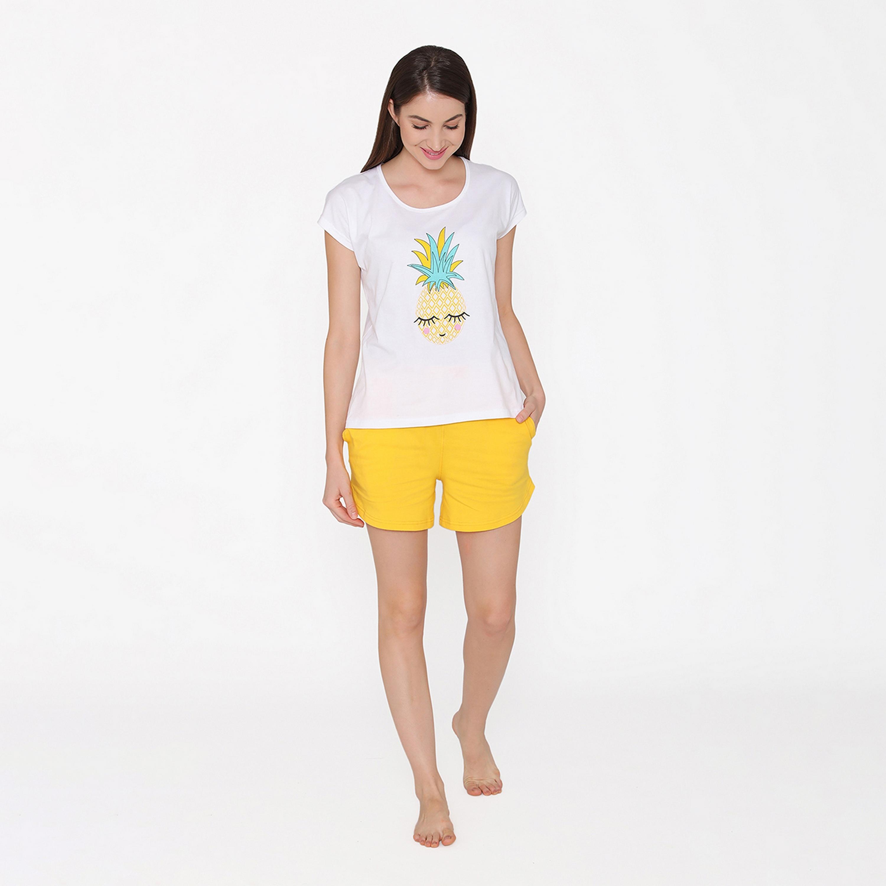 Clovia Women's Pineapple Print Top & Shorts in White & Yellow - Cotton-women-clothing-nightwear-pyjamas-longsets-image-2