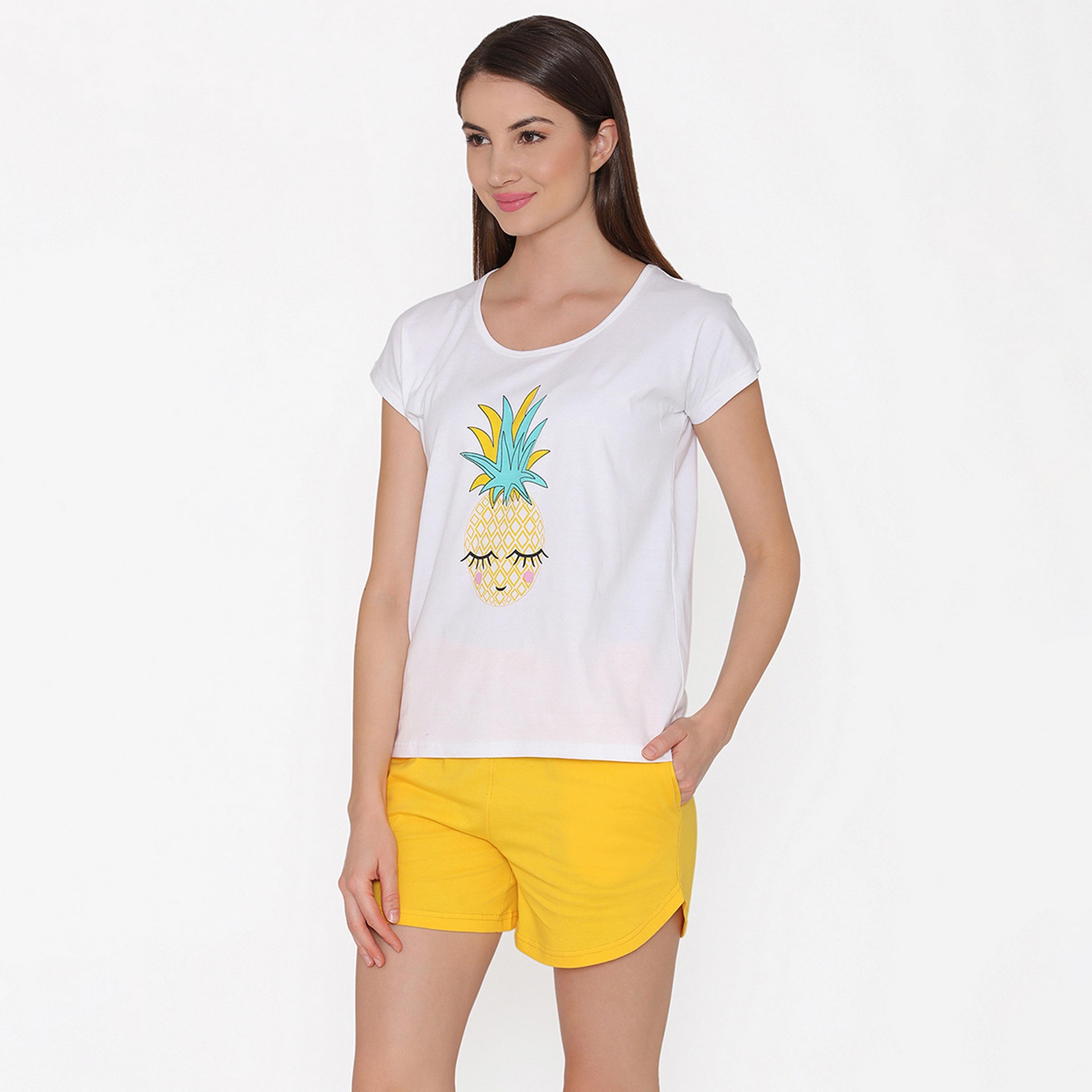 Clovia Women's Pineapple Print Top & Shorts in White & Yellow - Cotton-women-clothing-nightwear-pyjamas-longsets-image-4