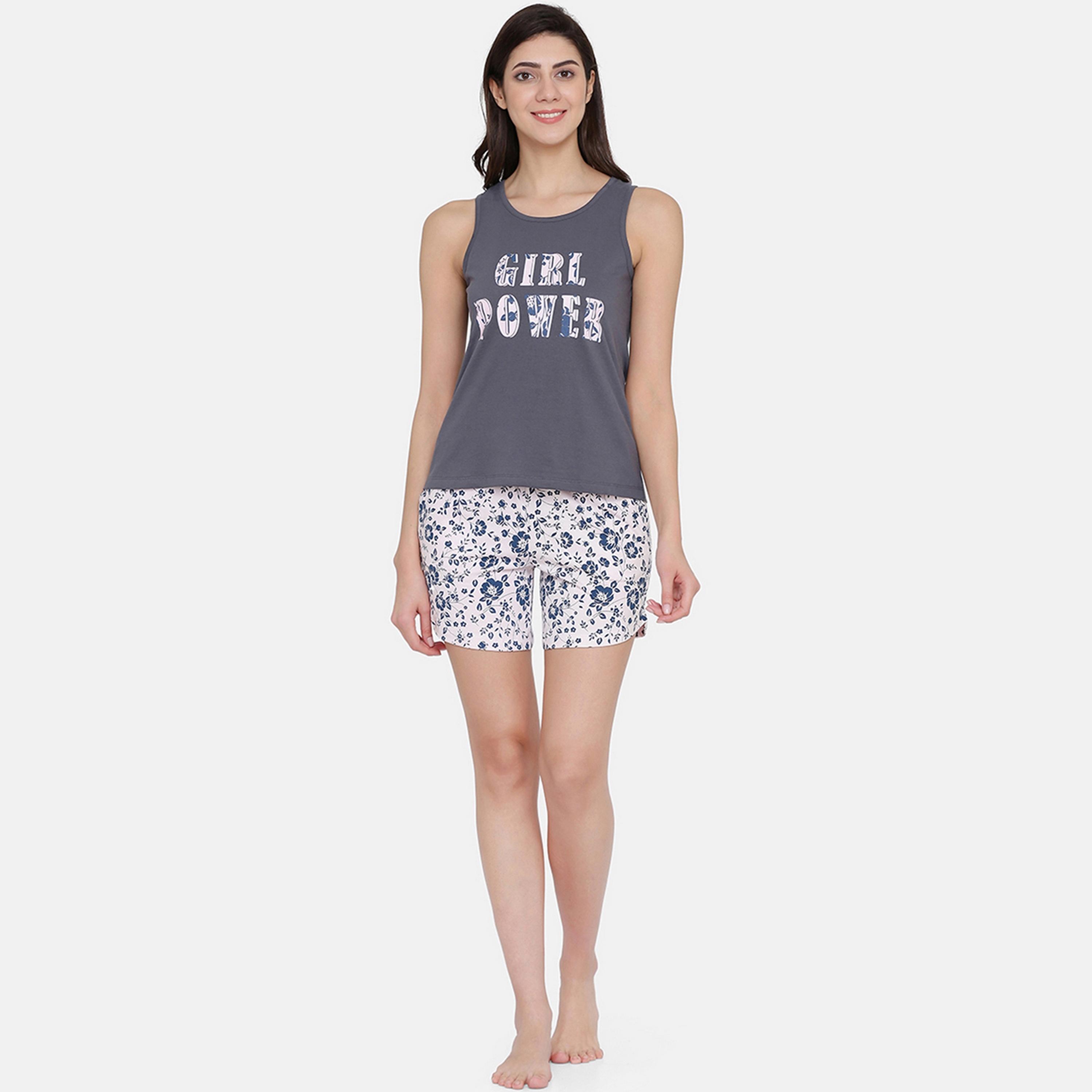 Clovia Women's Pretty Floral Top & Floral Print Shorts Set in Dark Grey & White- Pure Cotton-women-clothing-nightwear-pyjamas-longsets-image-2