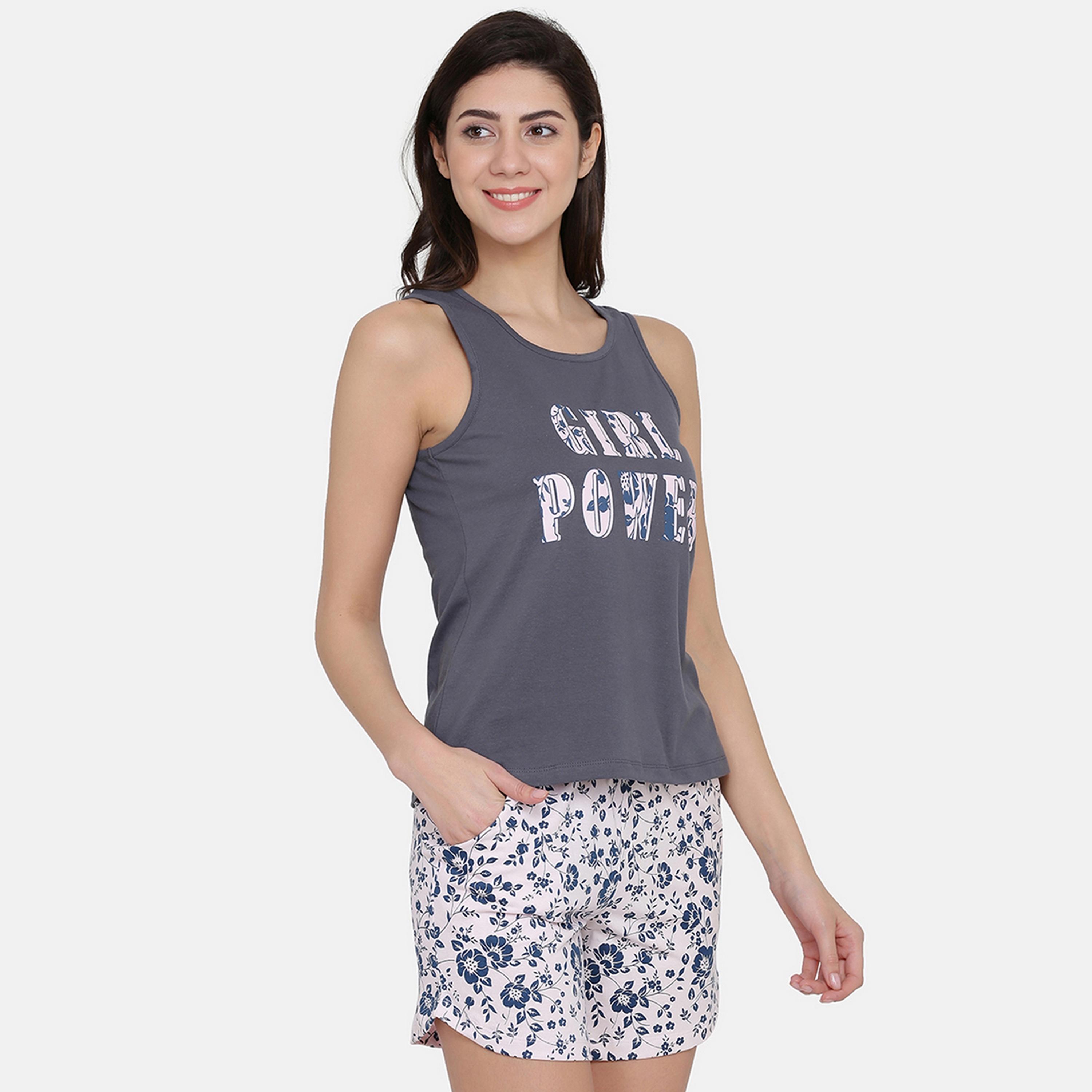 Clovia Women's Pretty Floral Top & Floral Print Shorts Set in Dark Grey & White- Pure Cotton-women-clothing-nightwear-pyjamas-longsets-image-3