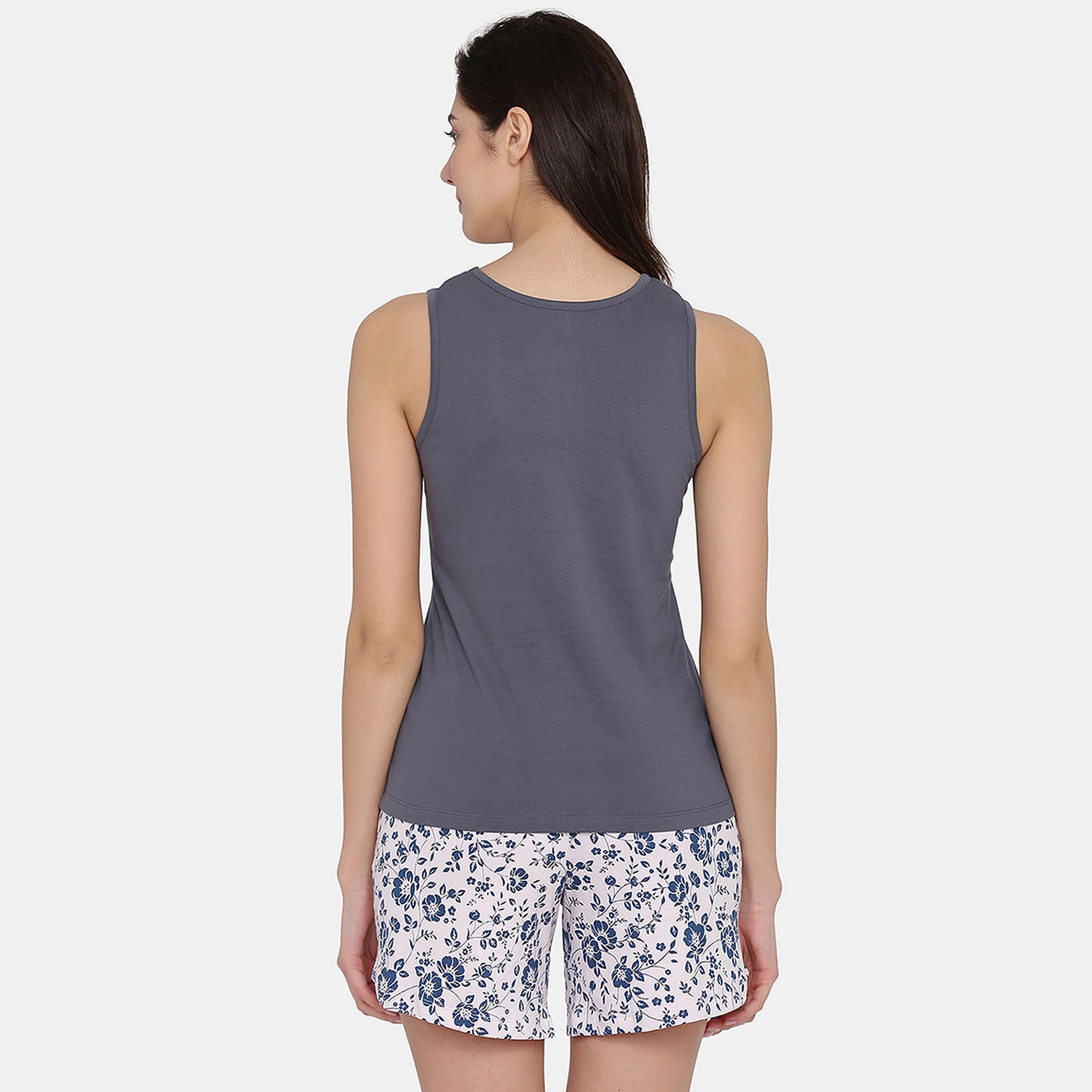 Clovia Women's Pretty Floral Top & Floral Print Shorts Set in Dark Grey & White- Pure Cotton-women-clothing-nightwear-pyjamas-longsets-image-4