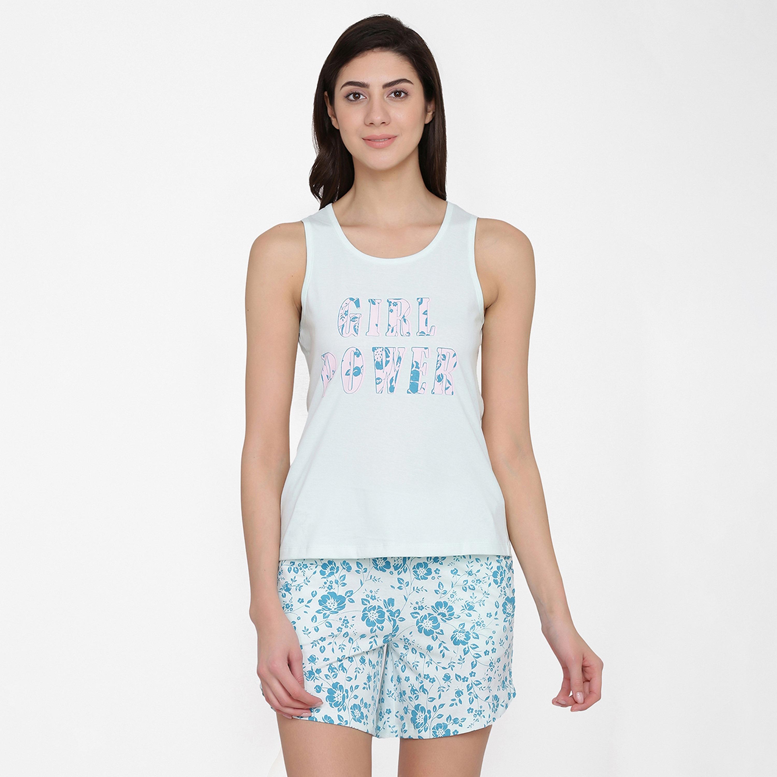 Clovia Women's Text Print Top & Floral Print Shorts Set in Light Blue- Pure Cotton-women-clothing-nightwear-pyjamas-longsets-image-1