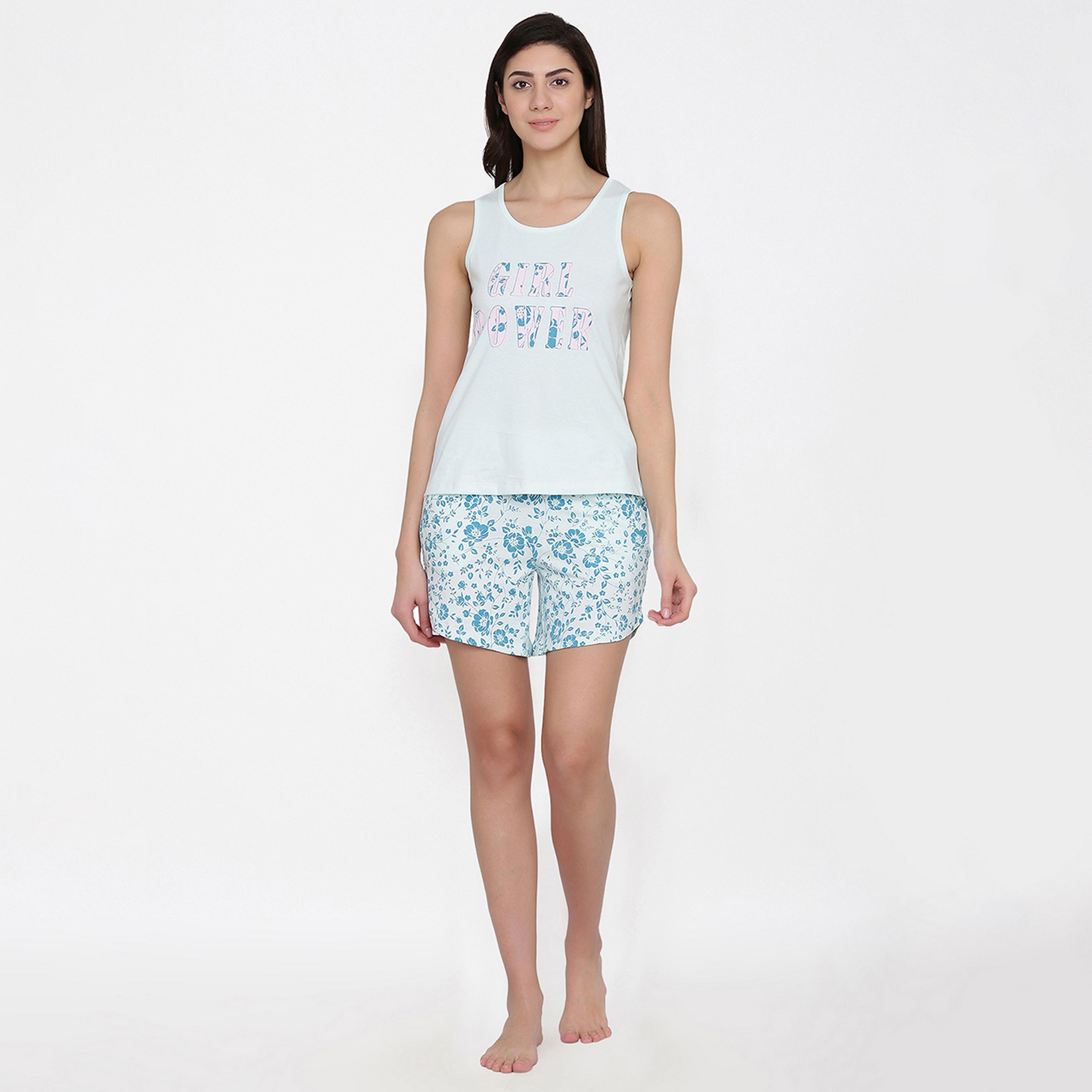 Clovia Women's Text Print Top & Floral Print Shorts Set in Light Blue- Pure Cotton-women-clothing-nightwear-pyjamas-longsets-image-2