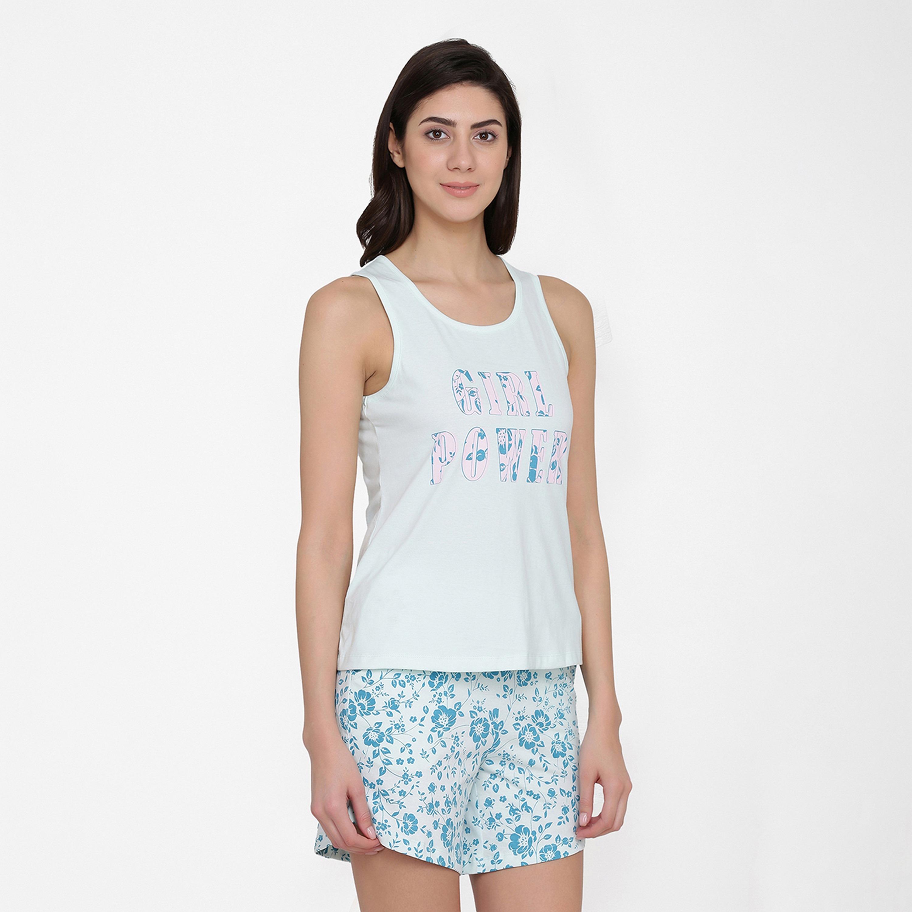 Clovia Women's Text Print Top & Floral Print Shorts Set in Light Blue- Pure Cotton-women-clothing-nightwear-pyjamas-longsets-image-3