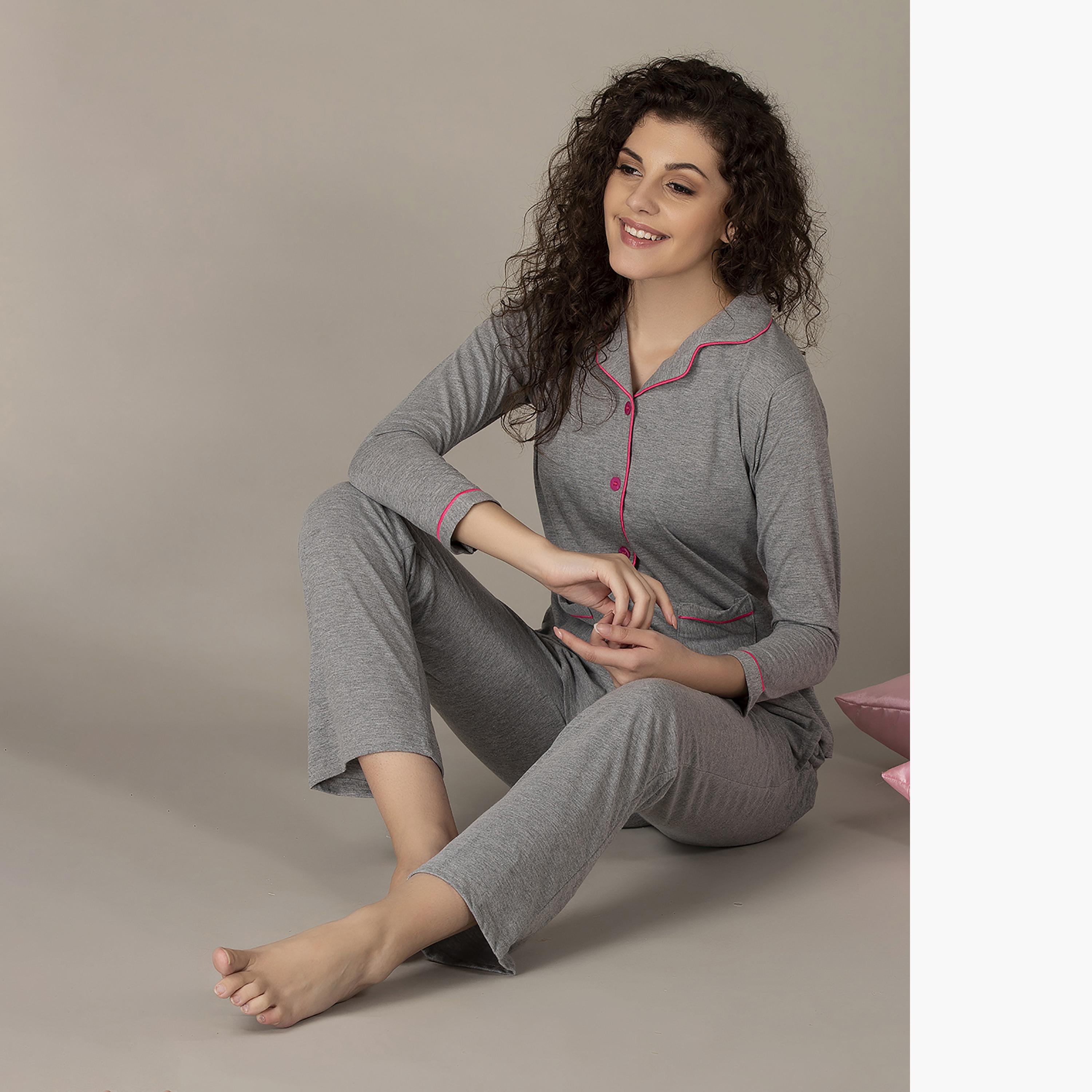 Buy Women s Clovia Set of Solid Collared Shirt with Pyjama Online Centrepoint UAE