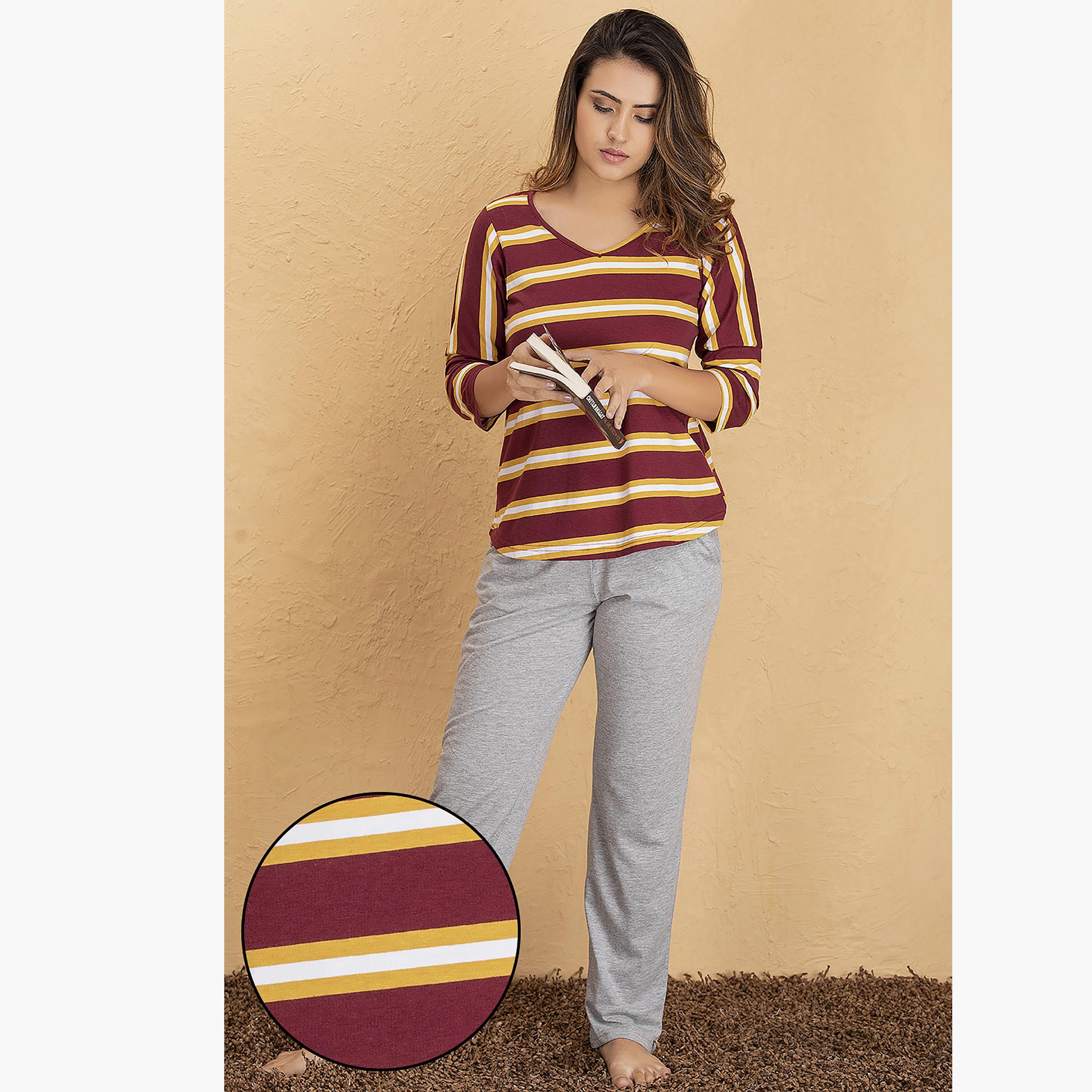 Clovia Set of Stripes Round Neck Top with Pyjama-women-clothing-nightwear-pyjamas-longsets-image-1