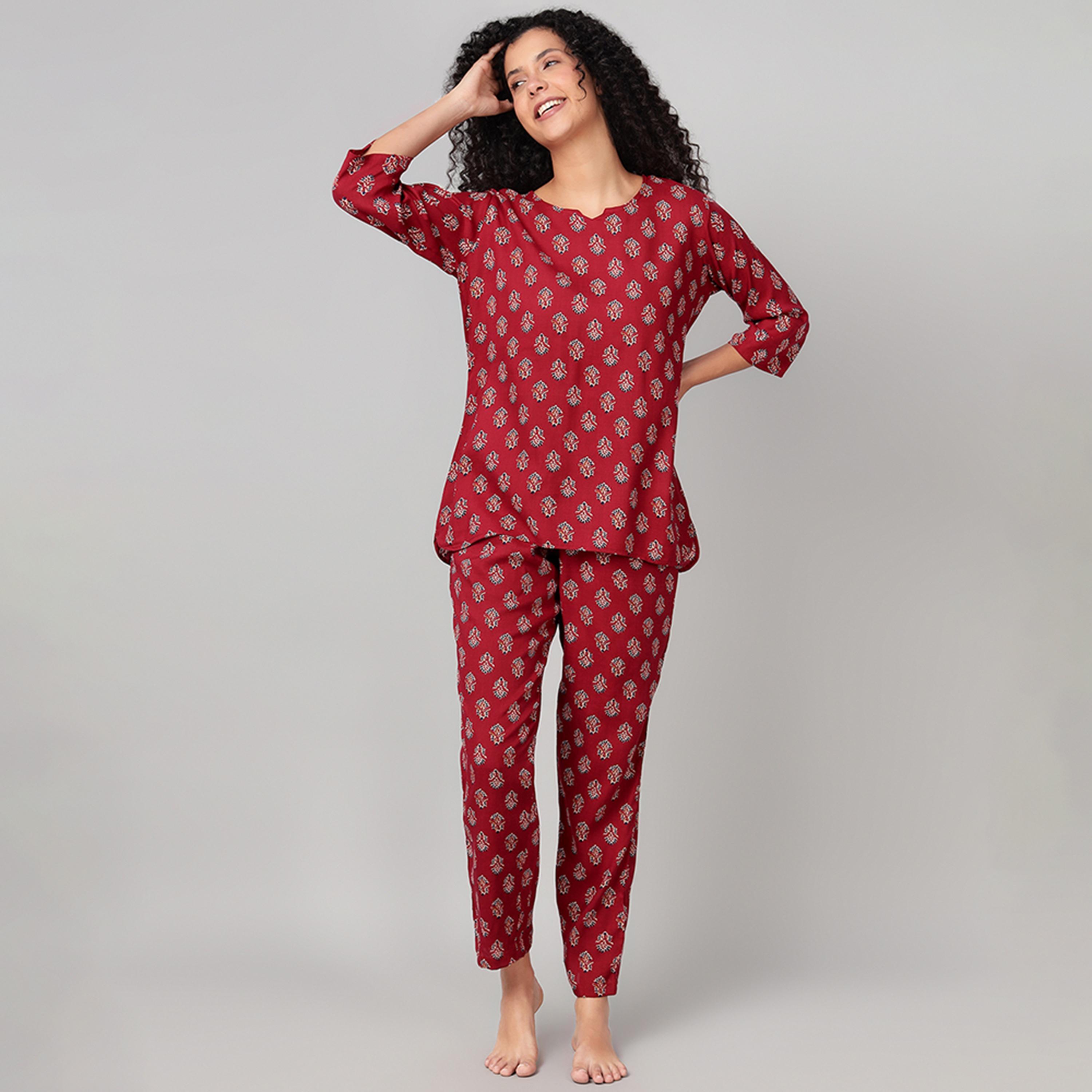 Clovia Block Print Kurta Women's Top & Pyjama Set in Maroon - Rayon-women-clothing-nightwear-pyjamas-longsets-image-1