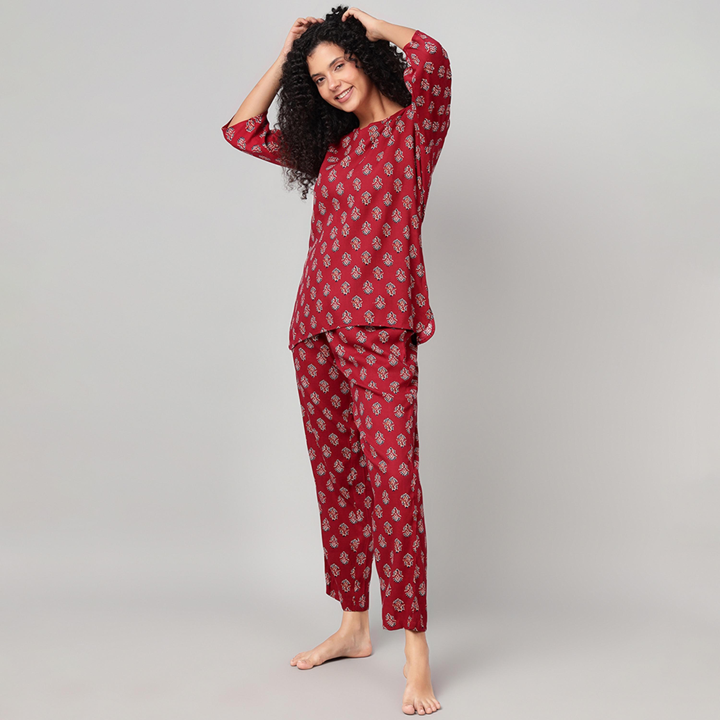 Clovia Block Print Kurta Women's Top & Pyjama Set in Maroon - Rayon-women-clothing-nightwear-pyjamas-longsets-image-2