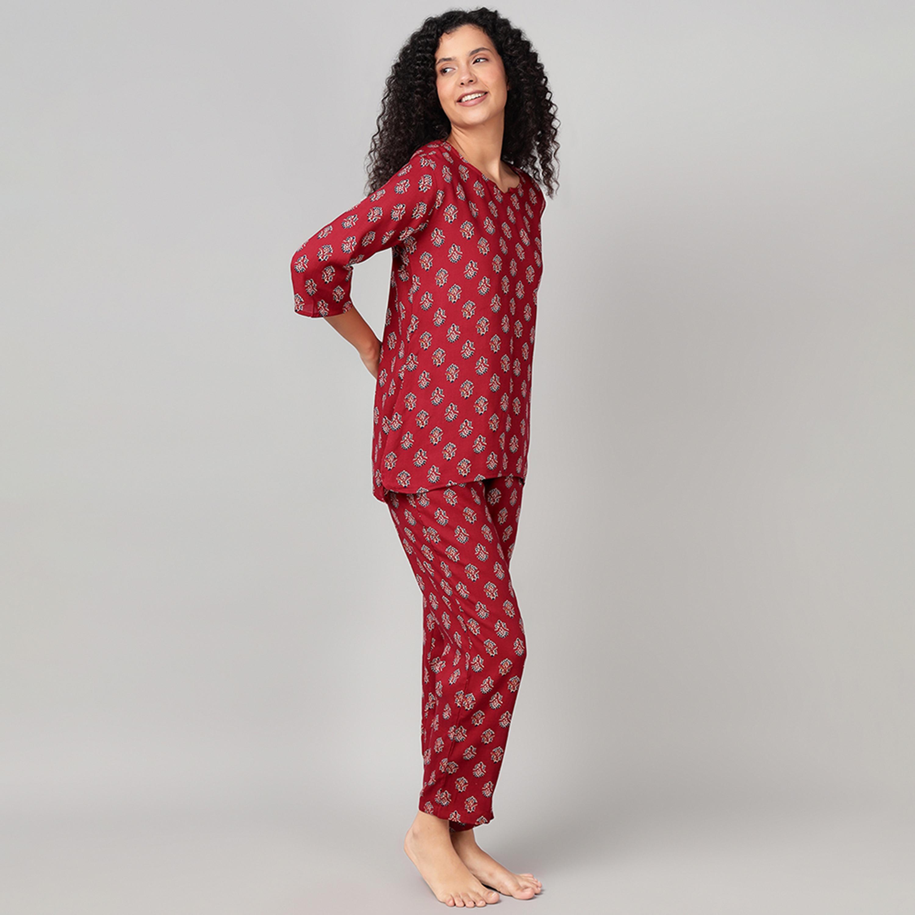 Clovia Block Print Kurta Women's Top & Pyjama Set in Maroon - Rayon-women-clothing-nightwear-pyjamas-longsets-image-3