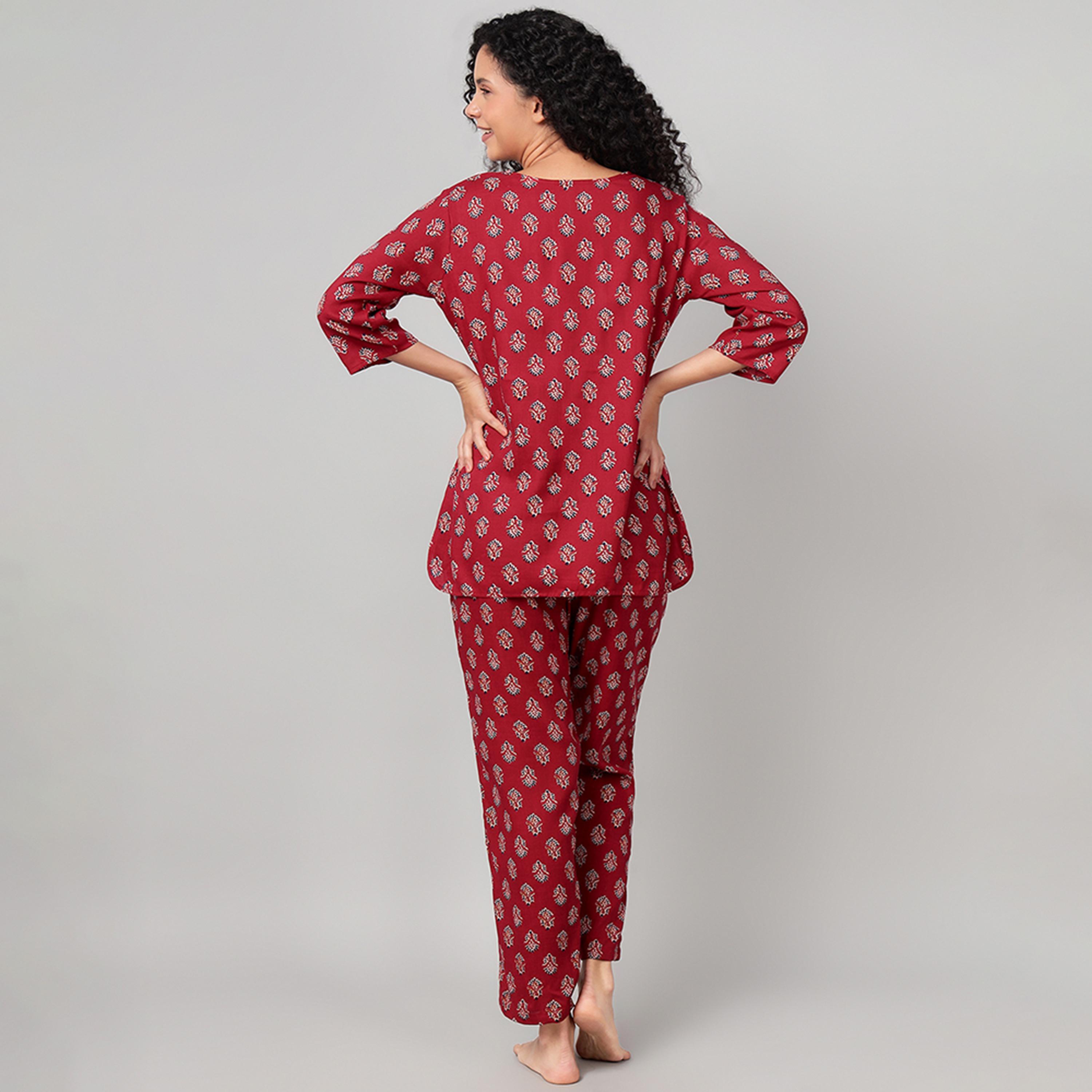 Clovia Block Print Kurta Women's Top & Pyjama Set in Maroon - Rayon-women-clothing-nightwear-pyjamas-longsets-image-4