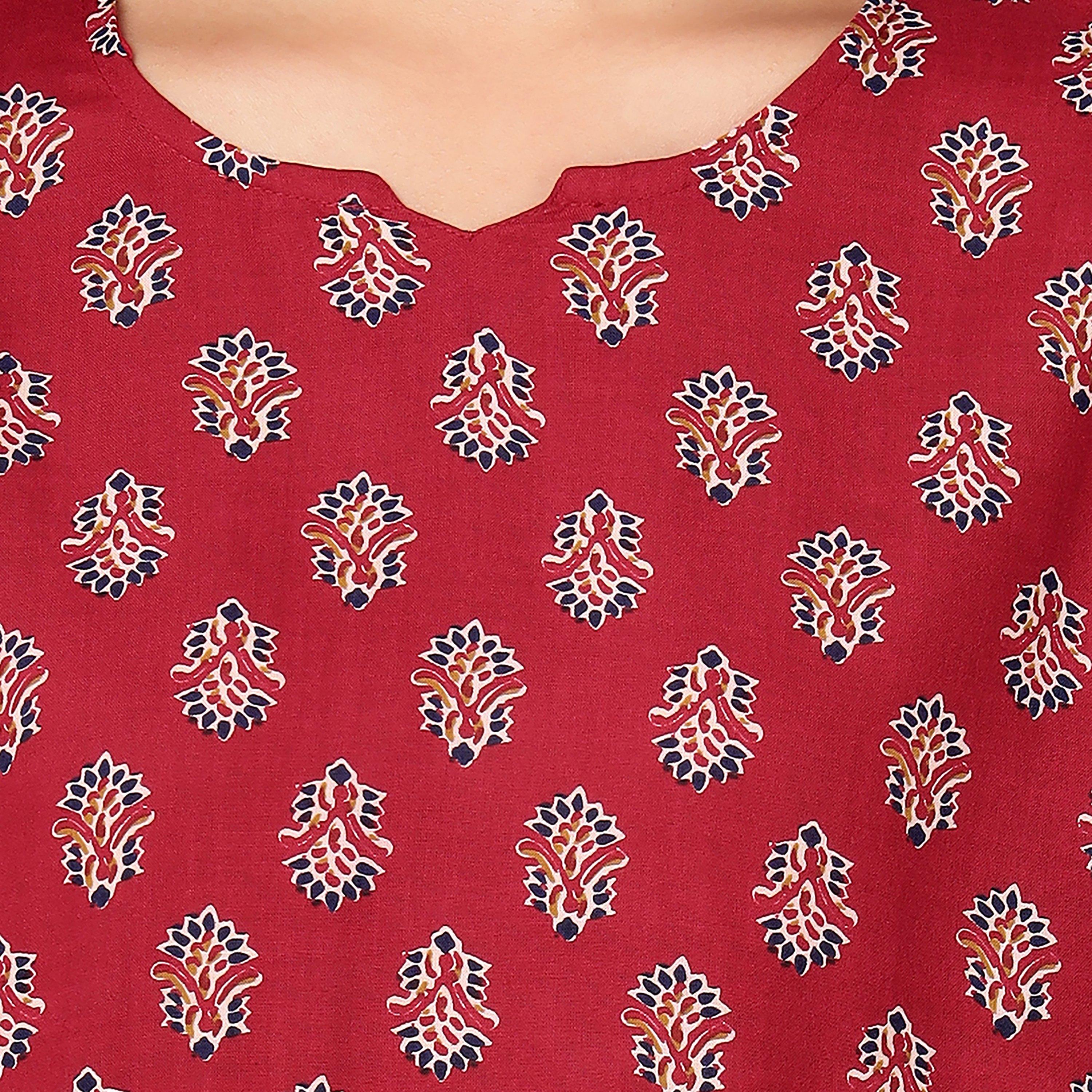 Clovia Block Print Kurta Women's Top & Pyjama Set in Maroon - Rayon-women-clothing-nightwear-pyjamas-longsets-image-5