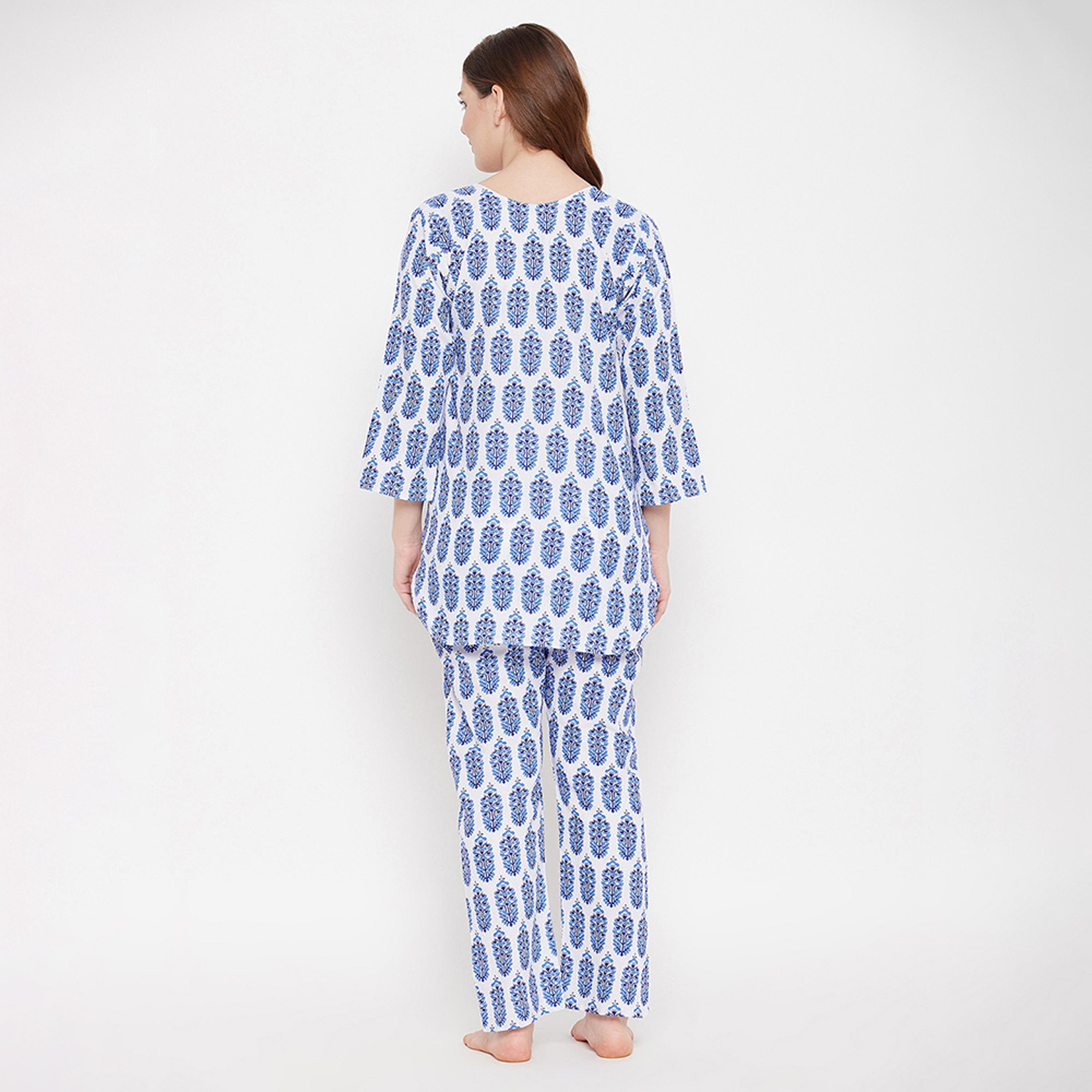 طقم توب وبيجامة "بريتي فلورالز" - 100% قطن أزرق من كلوفيا-women-clothing-nightwear-pyjamas-longsets-image-4