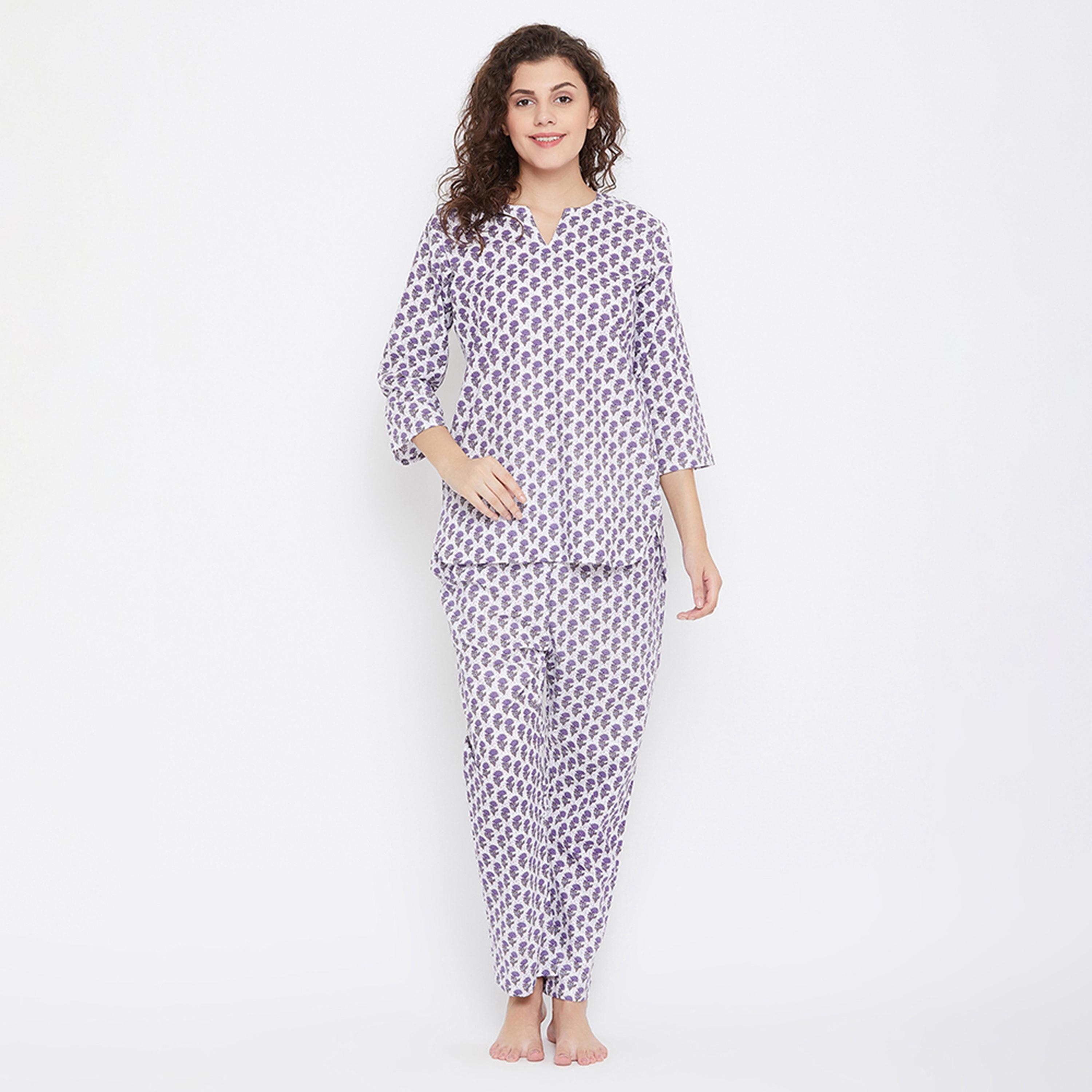 Clovia Pretty Florals Women's Top & Pyjama in Blue - Cotton-women-clothing-nightwear-pyjamas-longsets-image-1