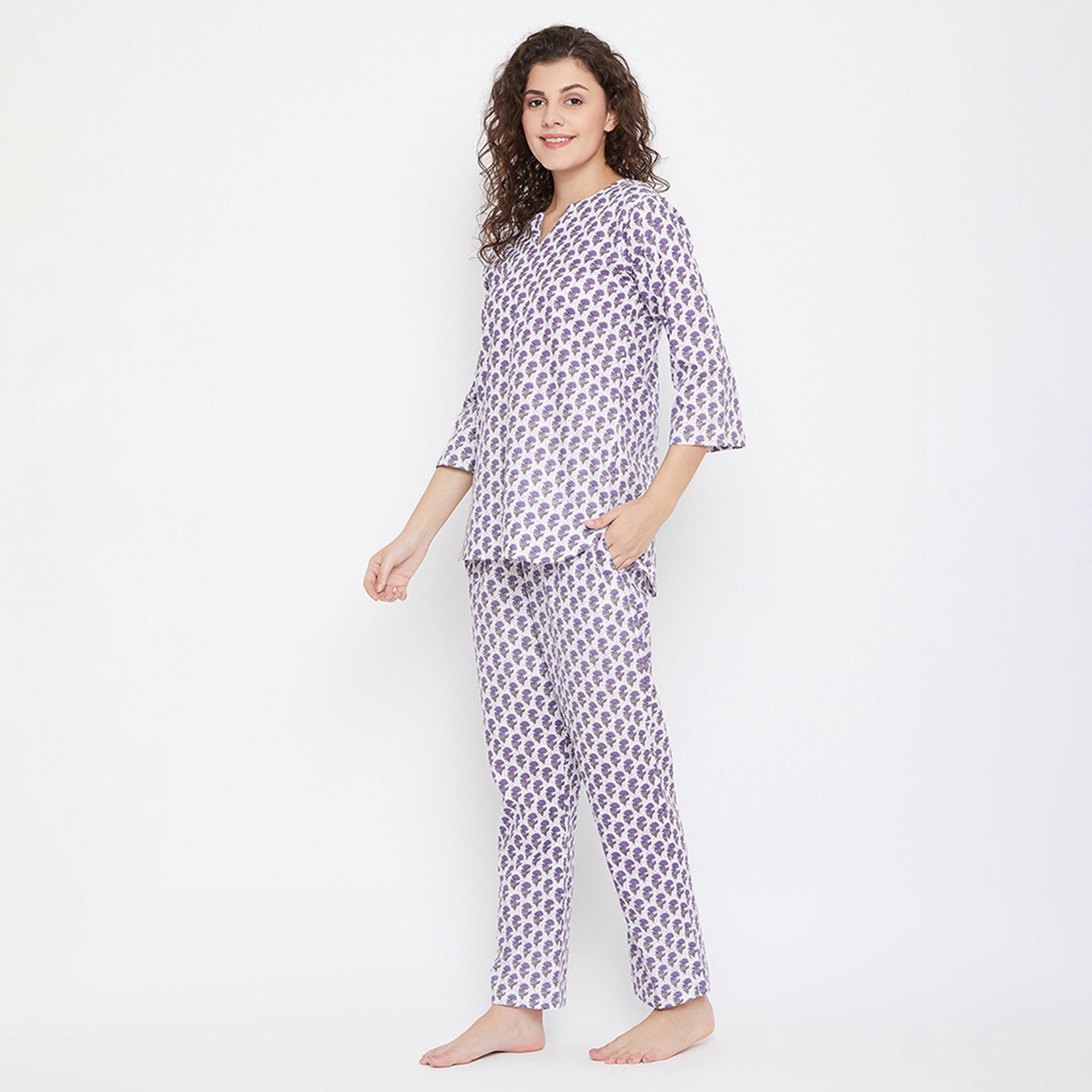 Clovia Pretty Florals Women's Top & Pyjama in Blue - Cotton-women-clothing-nightwear-pyjamas-longsets-image-2