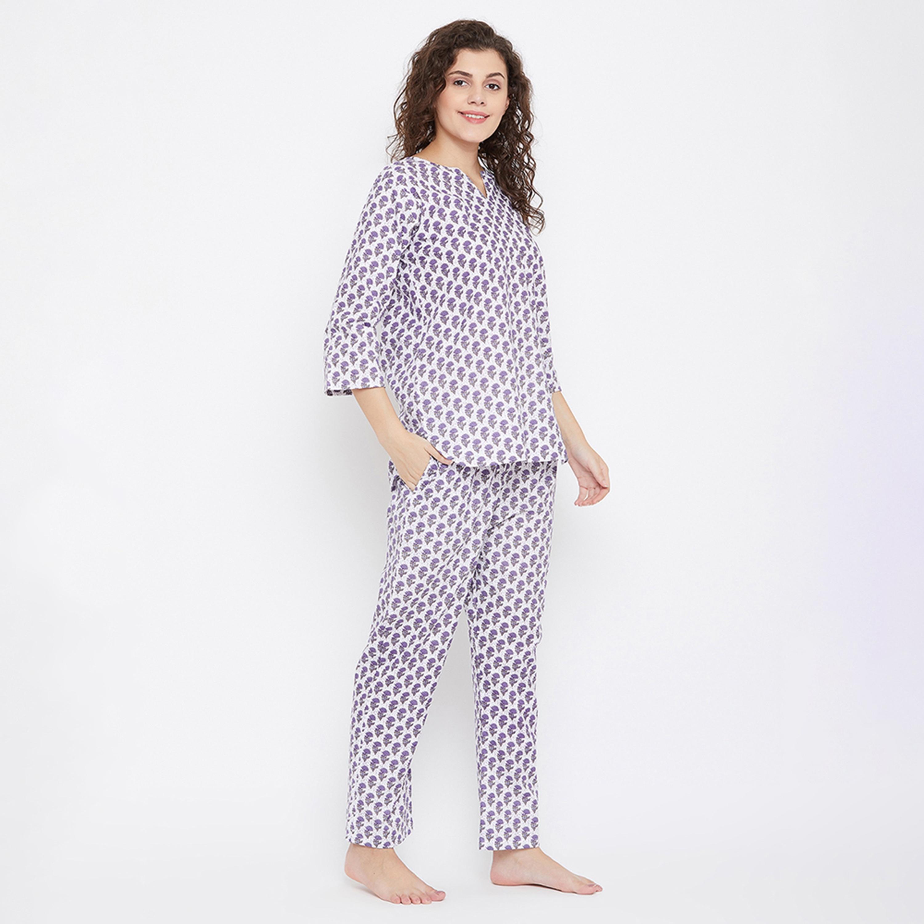 Clovia Pretty Florals Women's Top & Pyjama in Blue - Cotton-women-clothing-nightwear-pyjamas-longsets-image-3