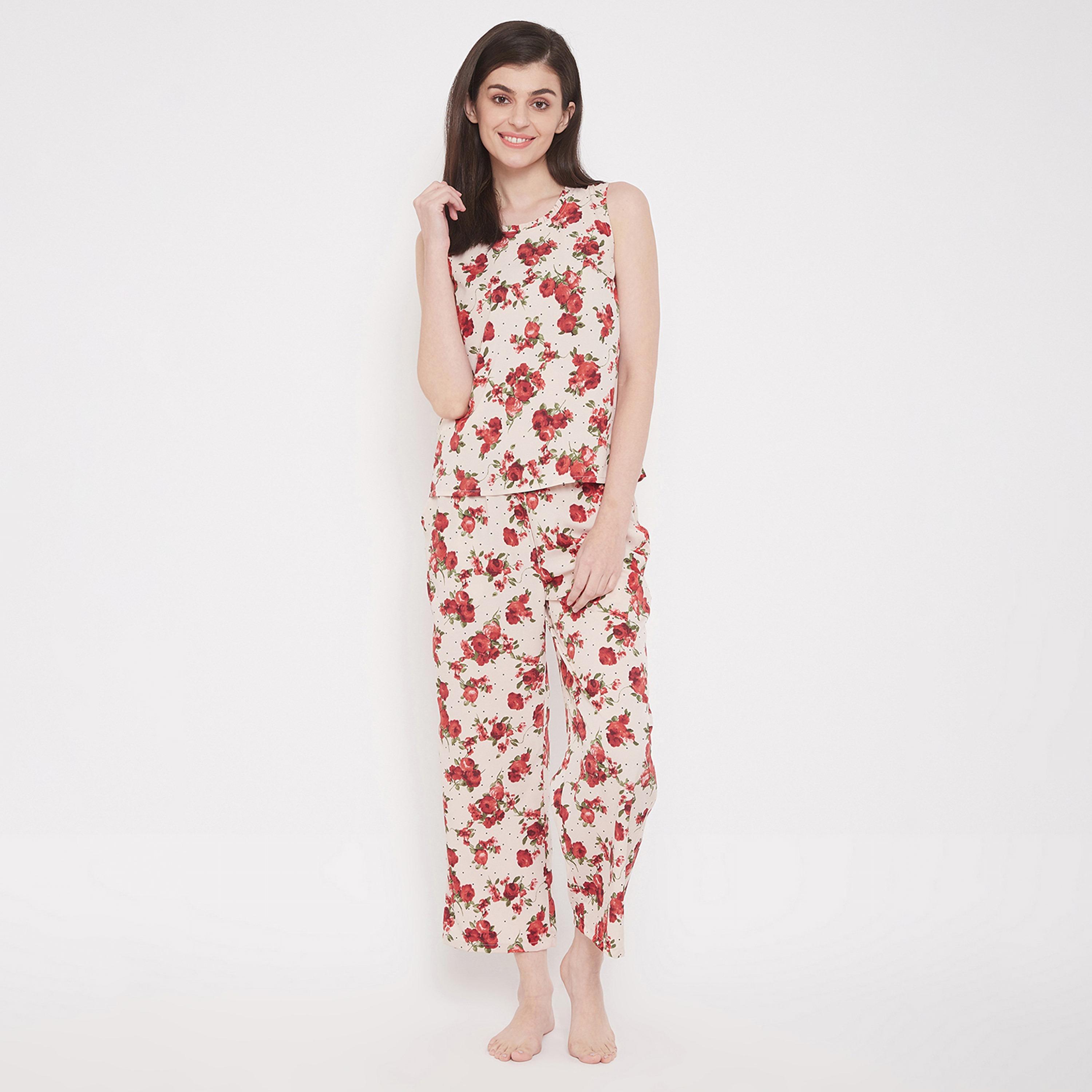 Clovia Pretty Florals Women's Top & Pyjama in Beige- Crepe-women-clothing-nightwear-pyjamas-longsets-image-1