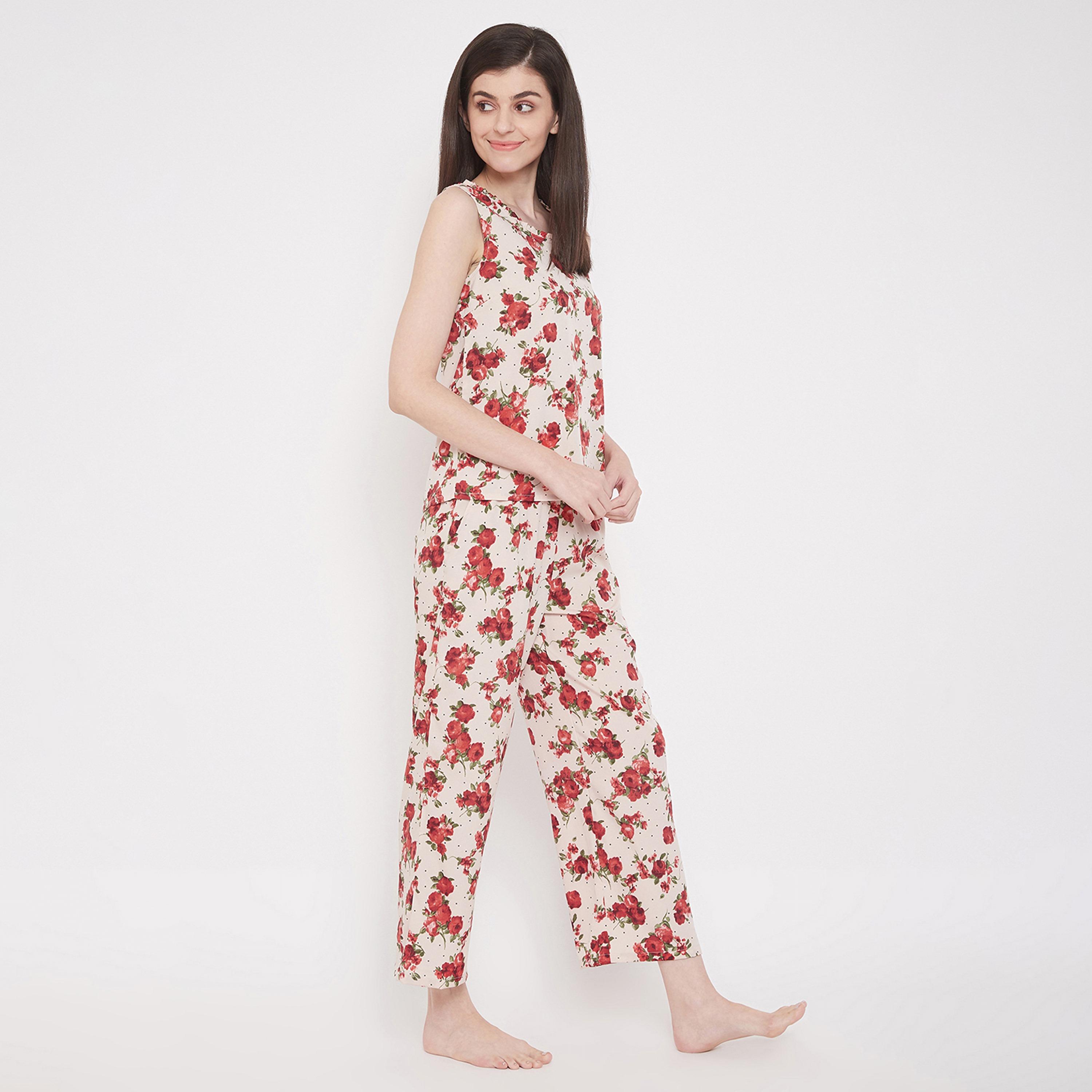 كلوفيا بريتي فلورالز بلوزة نسائية وبيجامة بيج - كريب-women-clothing-nightwear-pyjamas-longsets-image-2