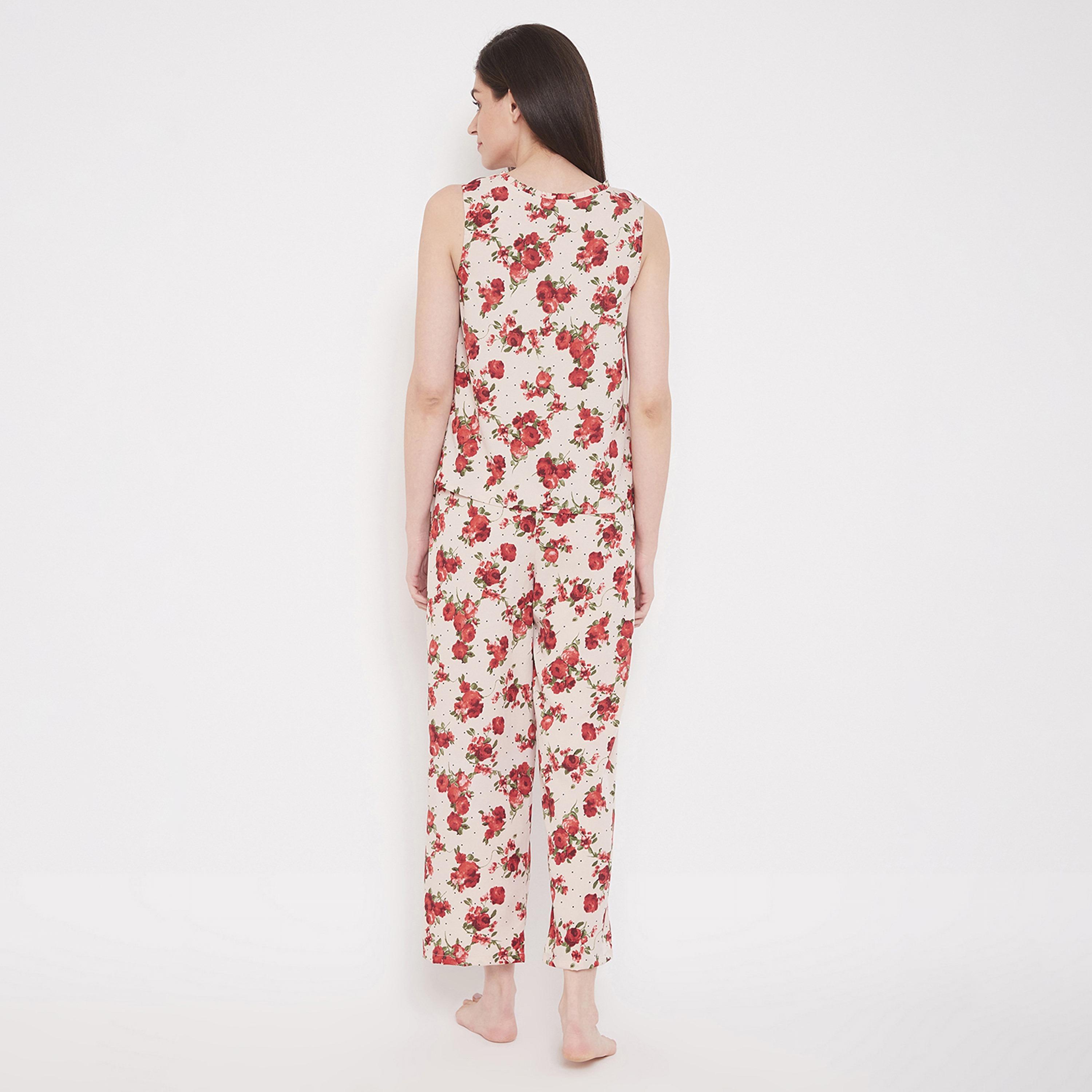Clovia Pretty Florals Women's Top & Pyjama in Beige- Crepe-women-clothing-nightwear-pyjamas-longsets-image-4