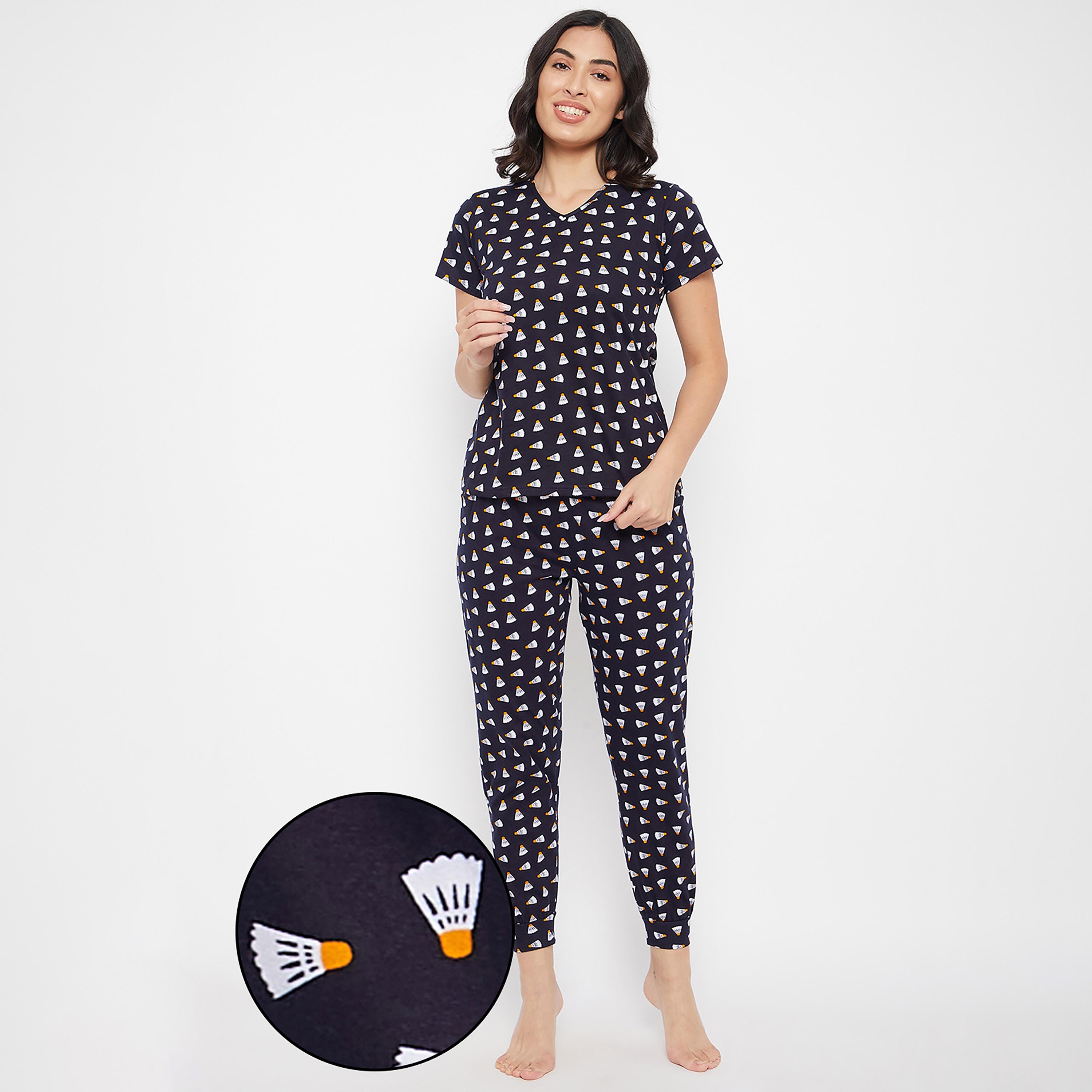 Clovia Set of Printed V-Neck T-Shirt with Jogger-women-clothing-nightwear-pyjamas-longsets-image-1