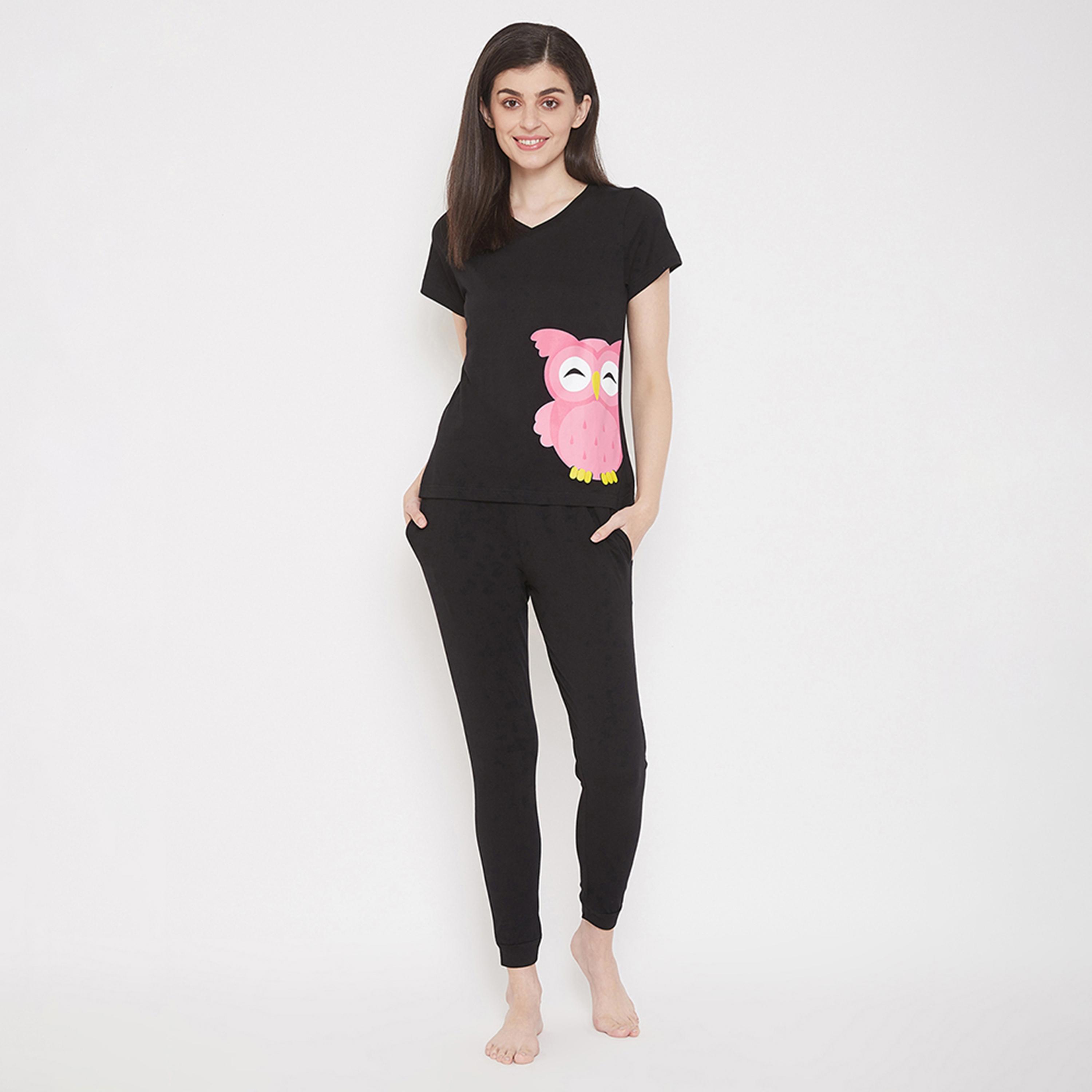 Clovia Owl Print Women's Top & Pyjama in Black - 100% Cotton-women-clothing-nightwear-pyjamas-longsets-image-1