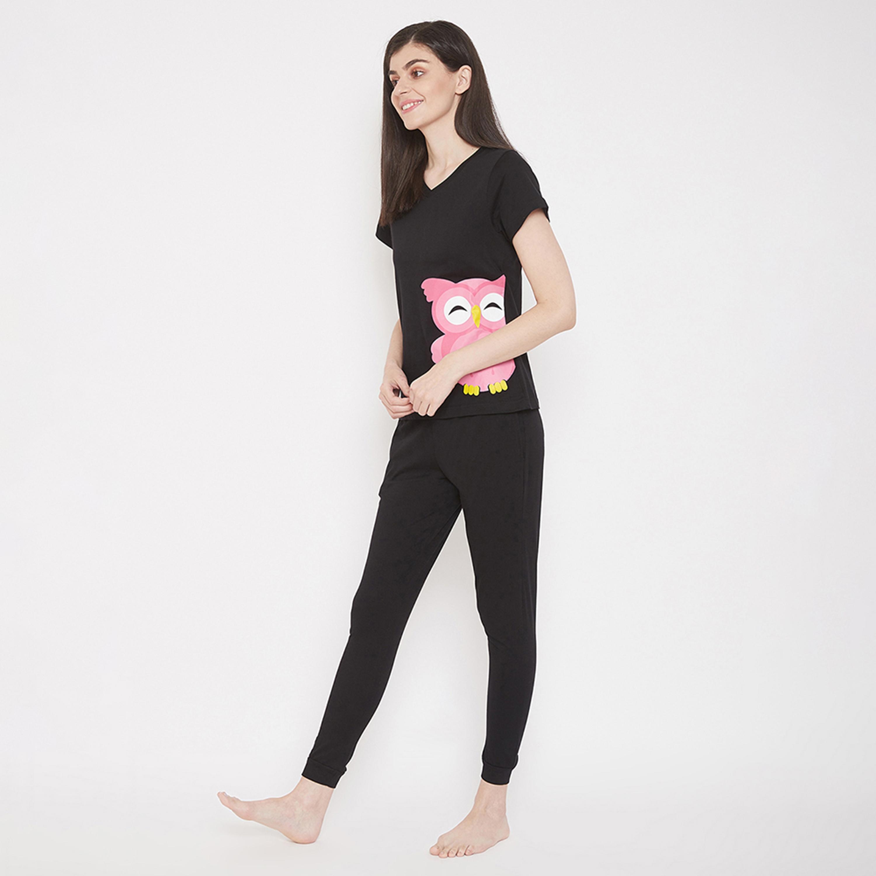 Clovia Owl Print Women's Top & Pyjama in Black - 100% Cotton-women-clothing-nightwear-pyjamas-longsets-image-2