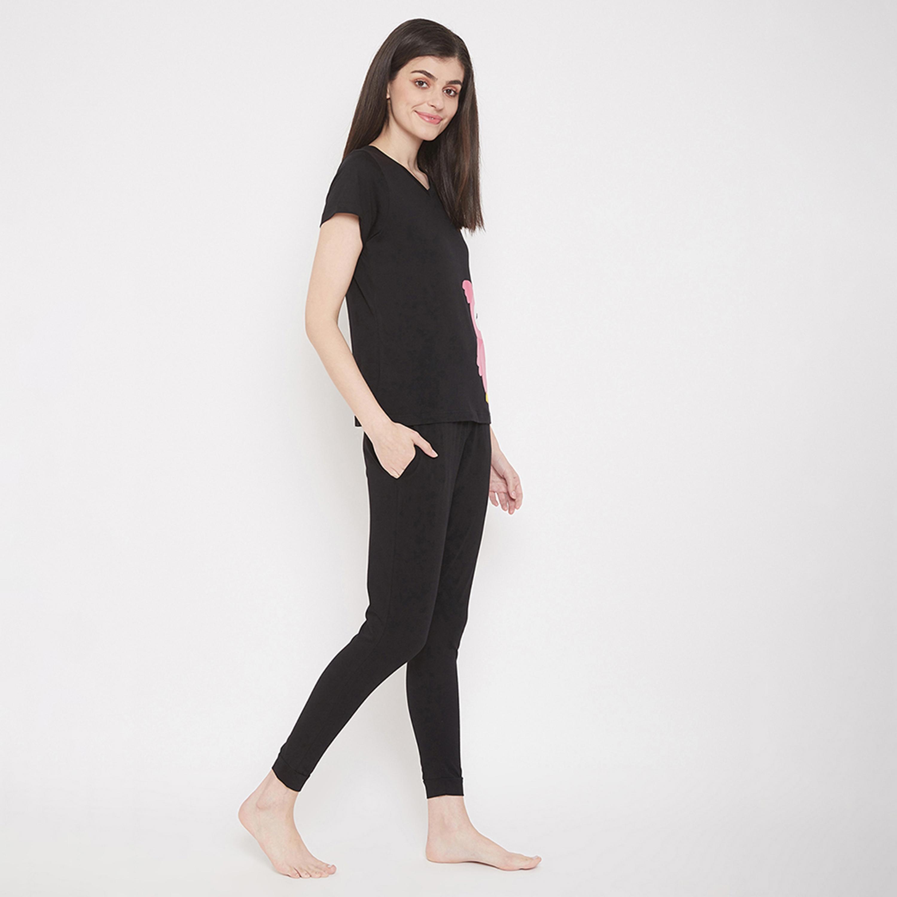 Clovia Owl Print Women's Top & Pyjama in Black - 100% Cotton-women-clothing-nightwear-pyjamas-longsets-image-3