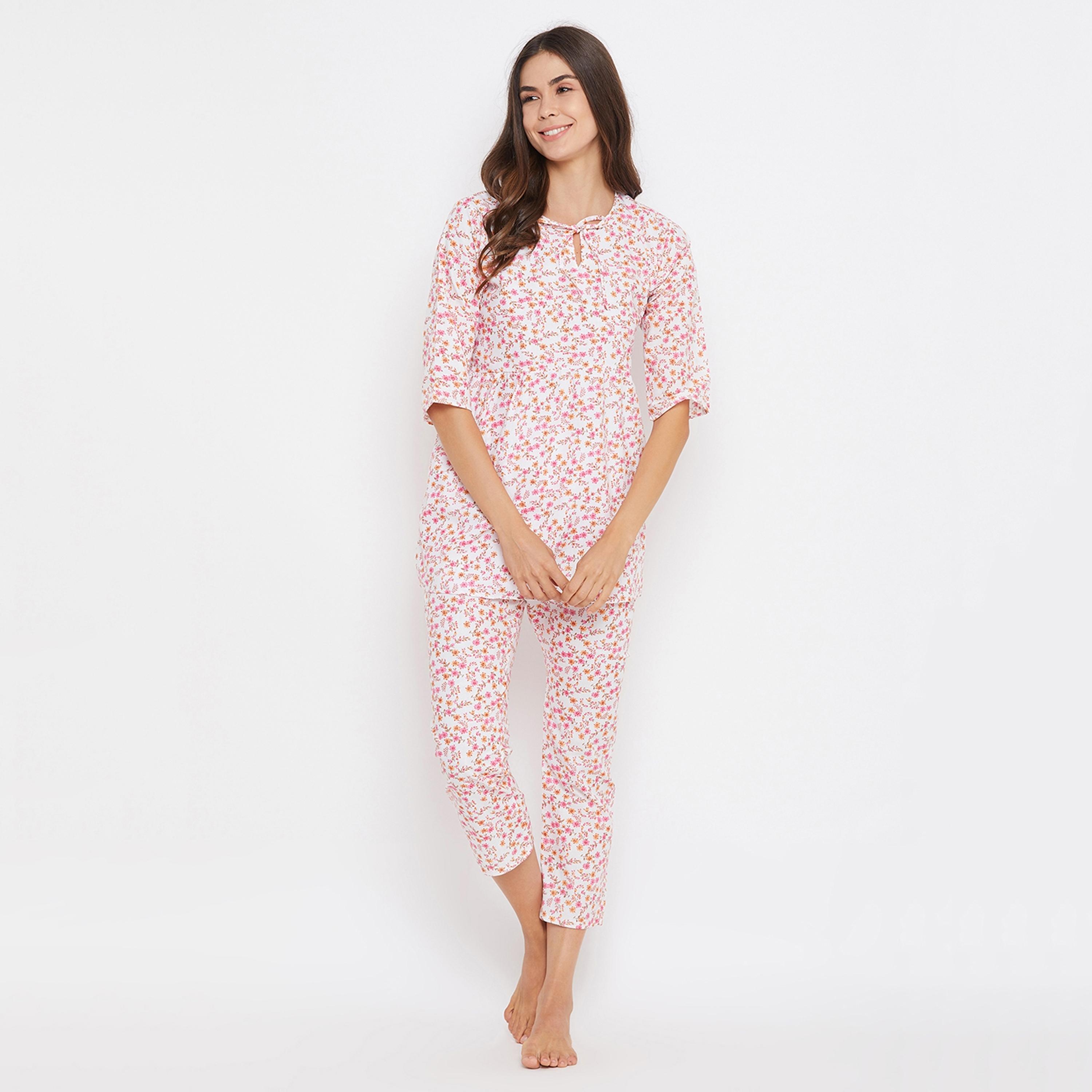 Clovia Set of Floral Keyhole Neck Top with Cropped Pyjama-women-clothing-nightwear-pyjamas-longsets-image-2
