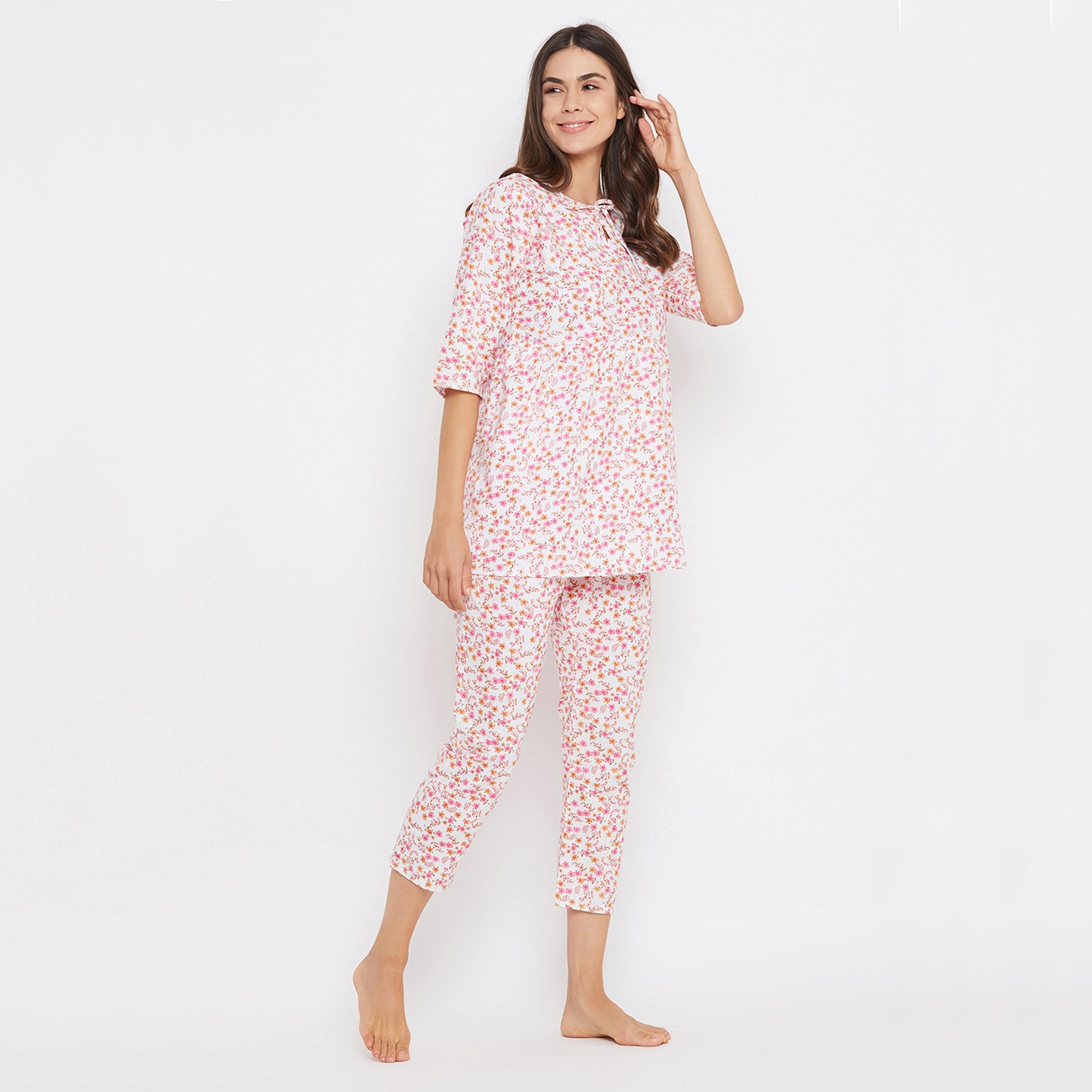 Clovia Set of Floral Keyhole Neck Top with Cropped Pyjama-women-clothing-nightwear-pyjamas-longsets-image-3