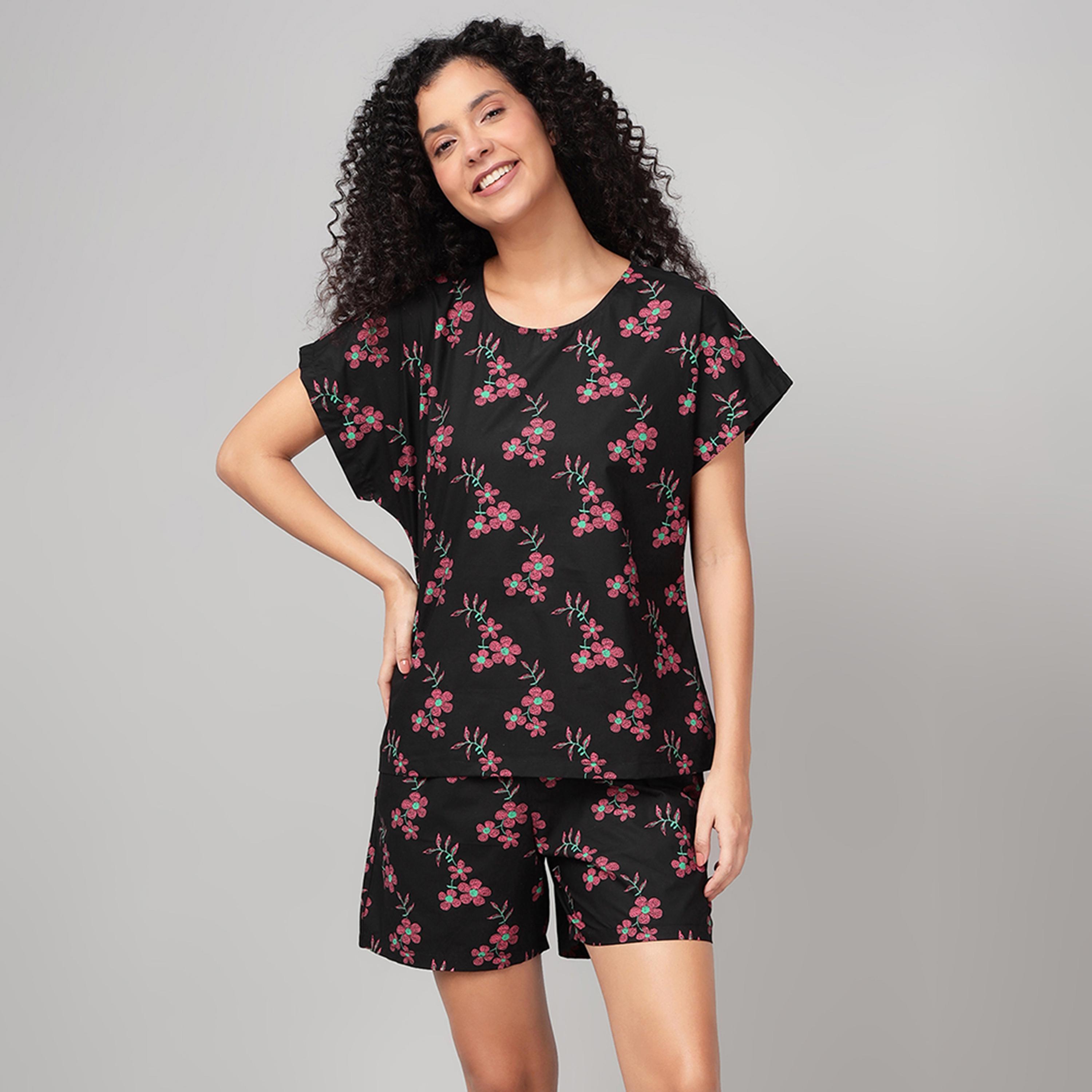 طقم توب وشورت بطبعة زهور - ريون أسود من كلوفيا-women-clothing-nightwear-pyjamas-shortsets-image-6