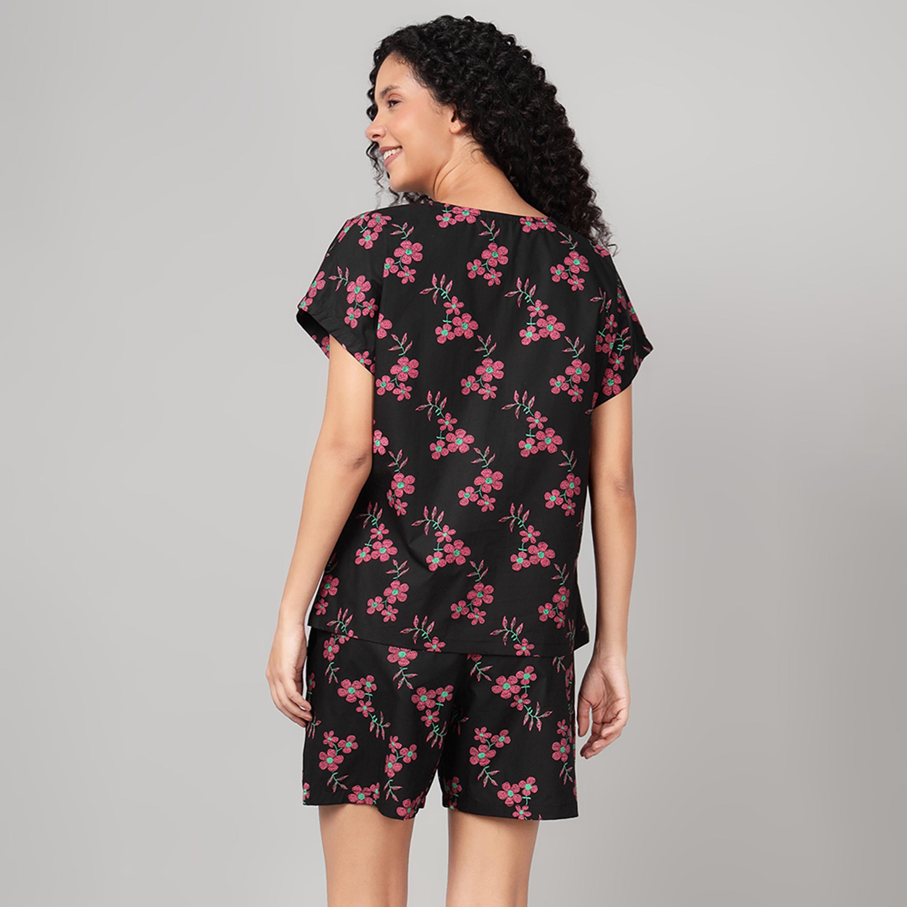 طقم توب وشورت بطبعة زهور - ريون أسود من كلوفيا-women-clothing-nightwear-pyjamas-shortsets-image-4
