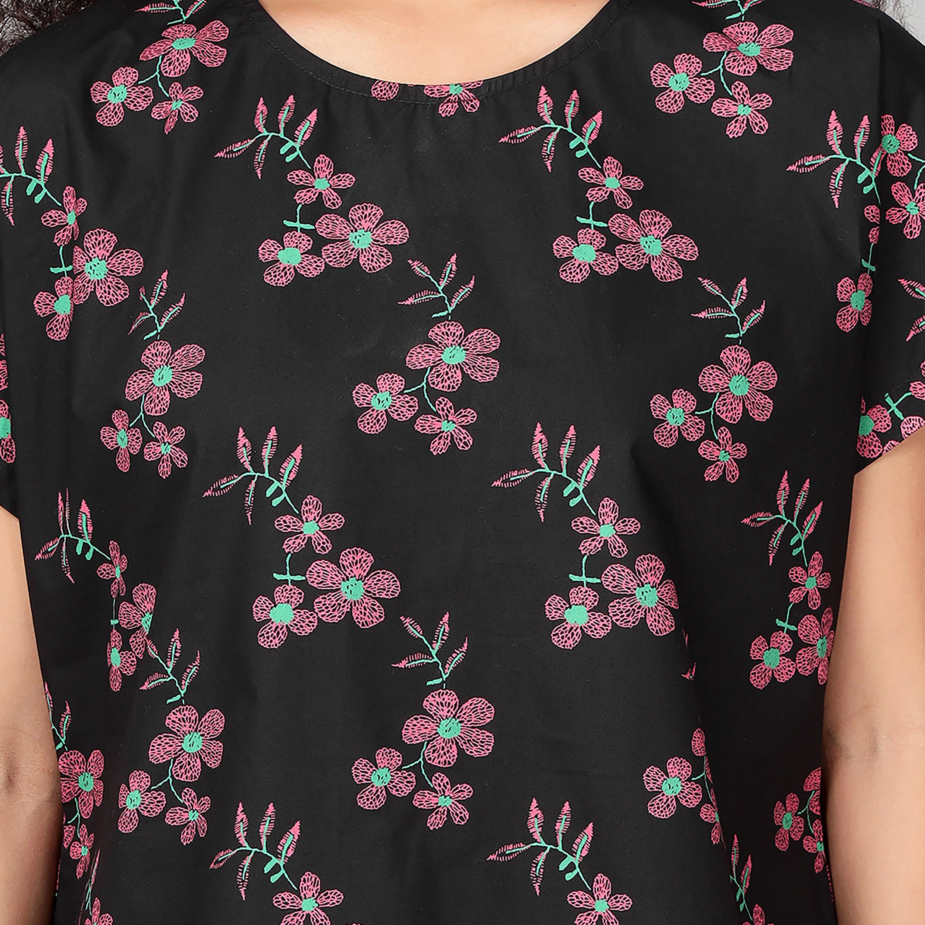 طقم توب وشورت بطبعة زهور - ريون أسود من كلوفيا-women-clothing-nightwear-pyjamas-shortsets-image-1