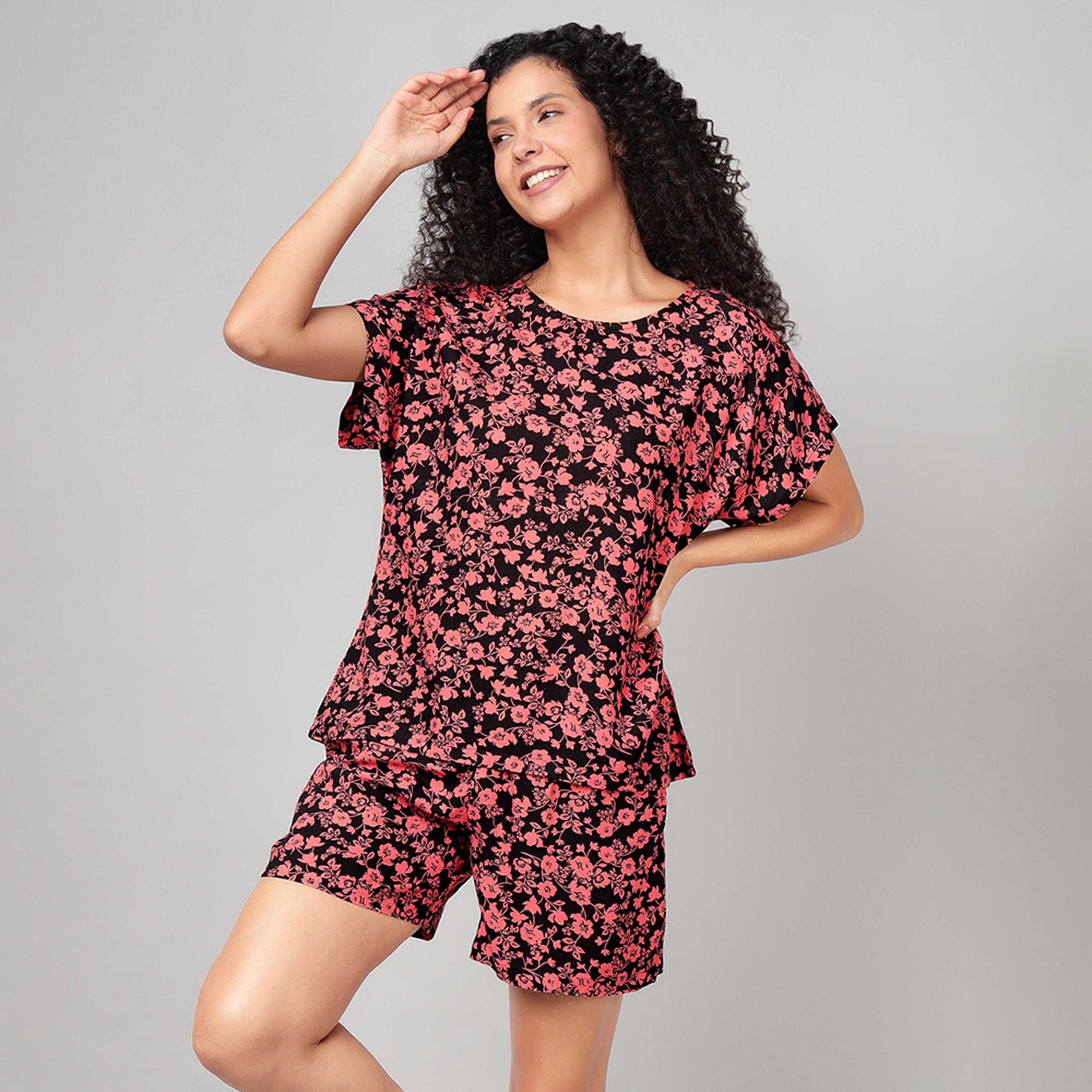طقم توب وشورت بطبعة زهور - ريون أسود من كلوفيا-women-clothing-nightwear-pyjamas-shortsets-image-1