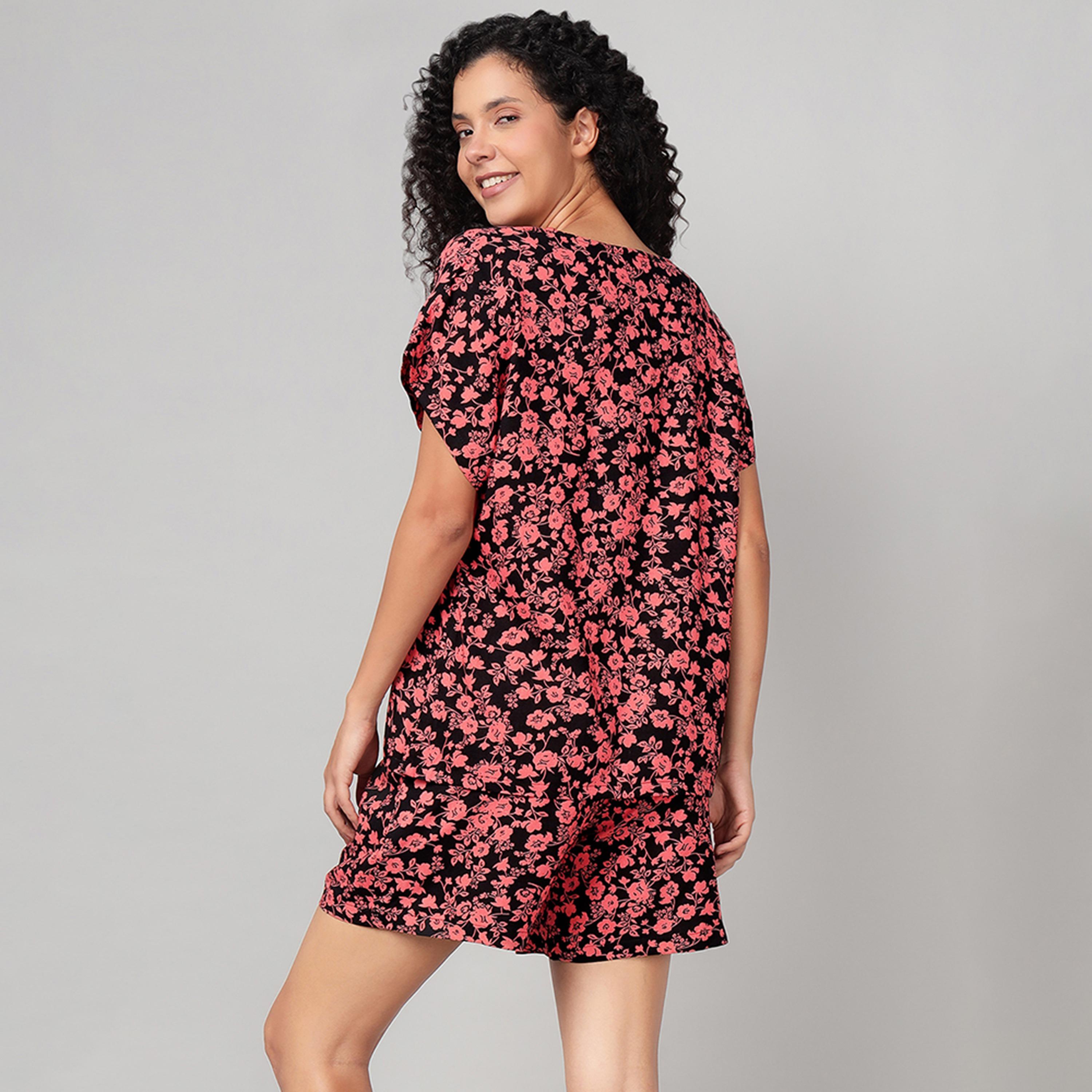 طقم توب وشورت بطبعة زهور - ريون أسود من كلوفيا-women-clothing-nightwear-pyjamas-shortsets-image-5