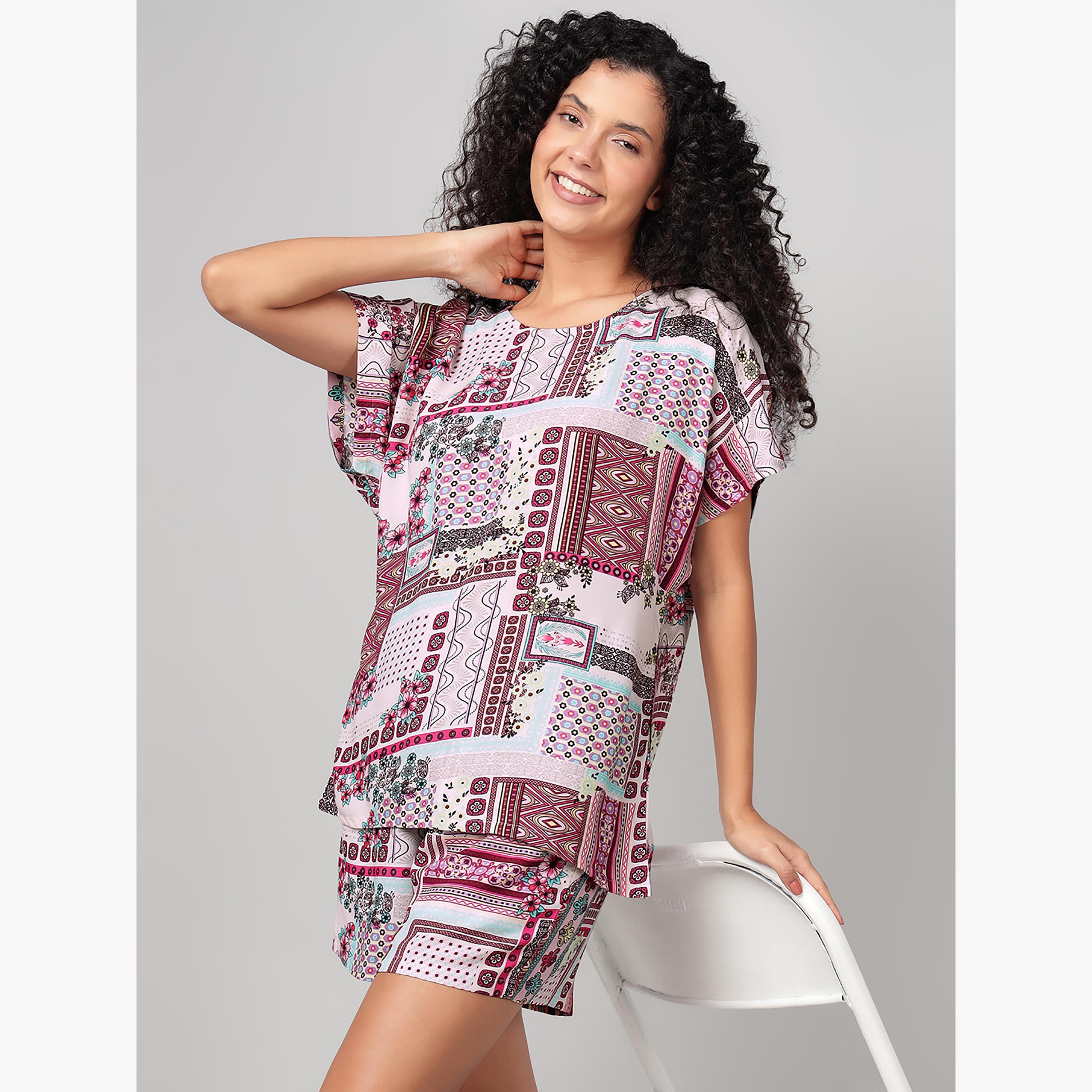 Clovia Printed Women's Top & Shorts Set in Multicolour - Rayon-women-clothing-nightwear-pyjamas-shortsets-image-1