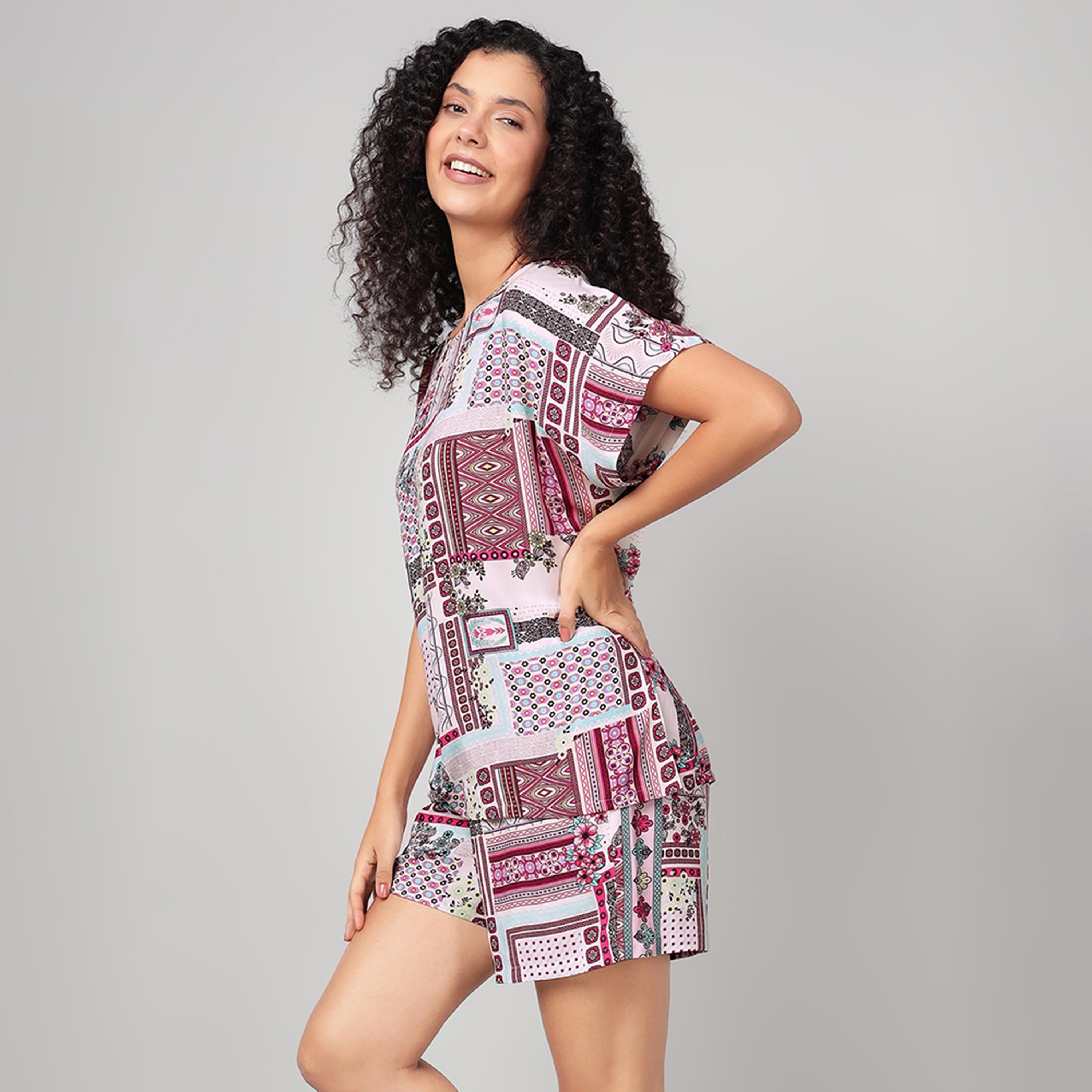 Clovia Printed Women's Top & Shorts Set in Multicolour - Rayon-women-clothing-nightwear-pyjamas-shortsets-image-2