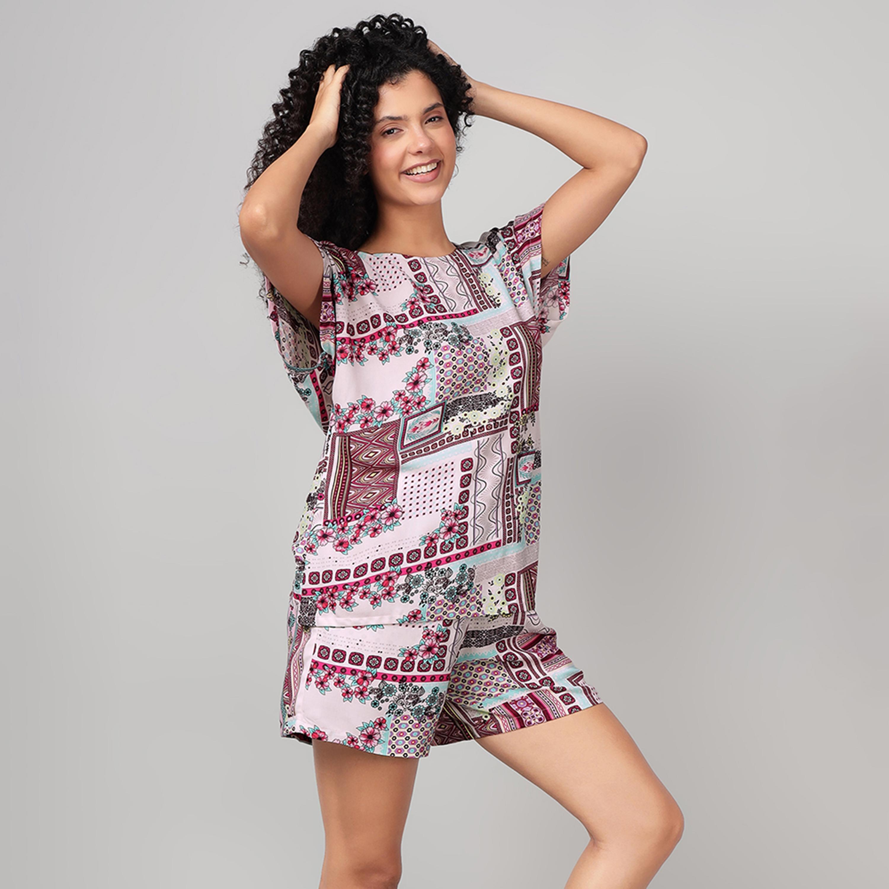 طقم توب وشورت بطبعة - ريون متعدد الألوان من كلوفيا-women-clothing-nightwear-pyjamas-shortsets-image-4