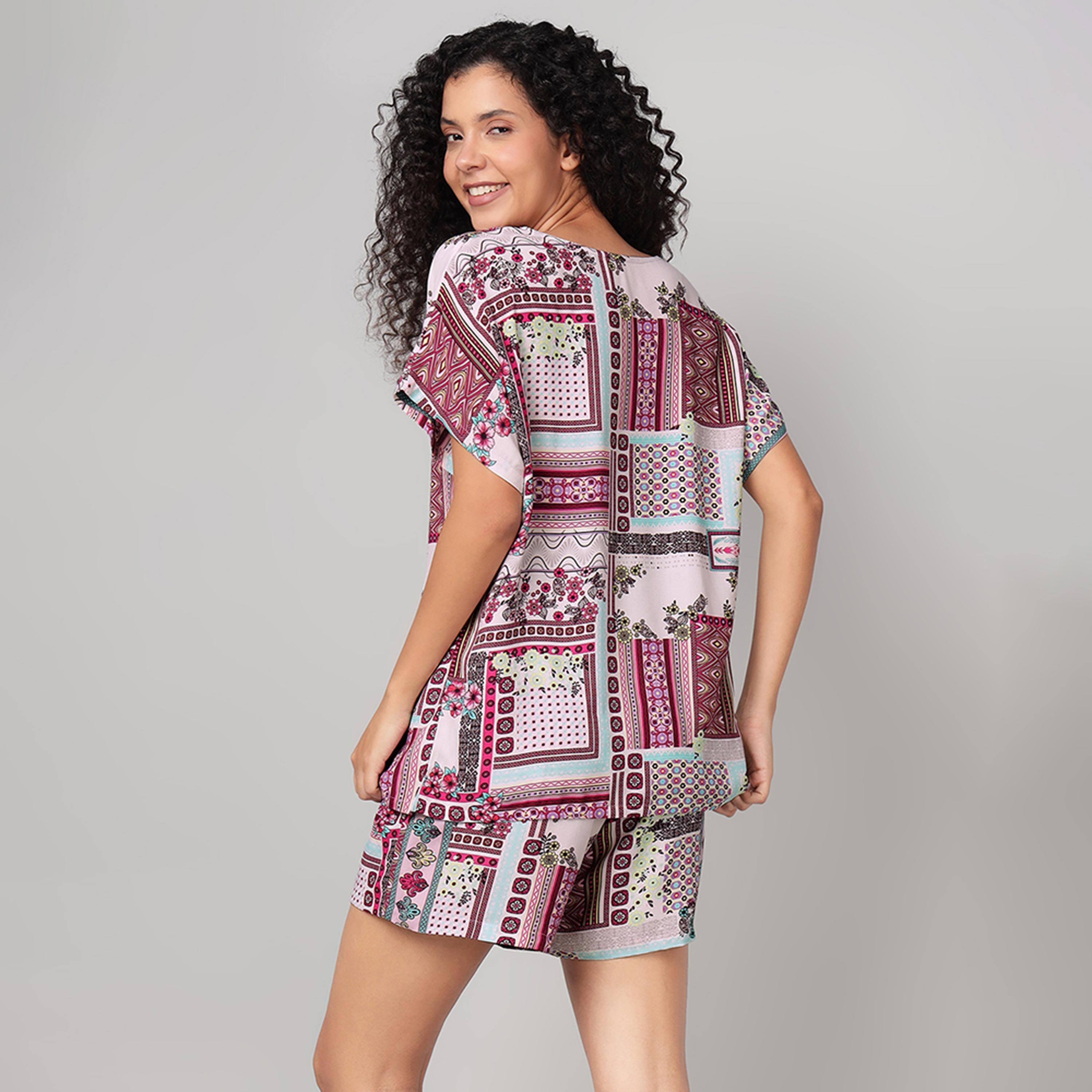 Clovia Printed Women's Top & Shorts Set in Multicolour - Rayon-women-clothing-nightwear-pyjamas-shortsets-image-4