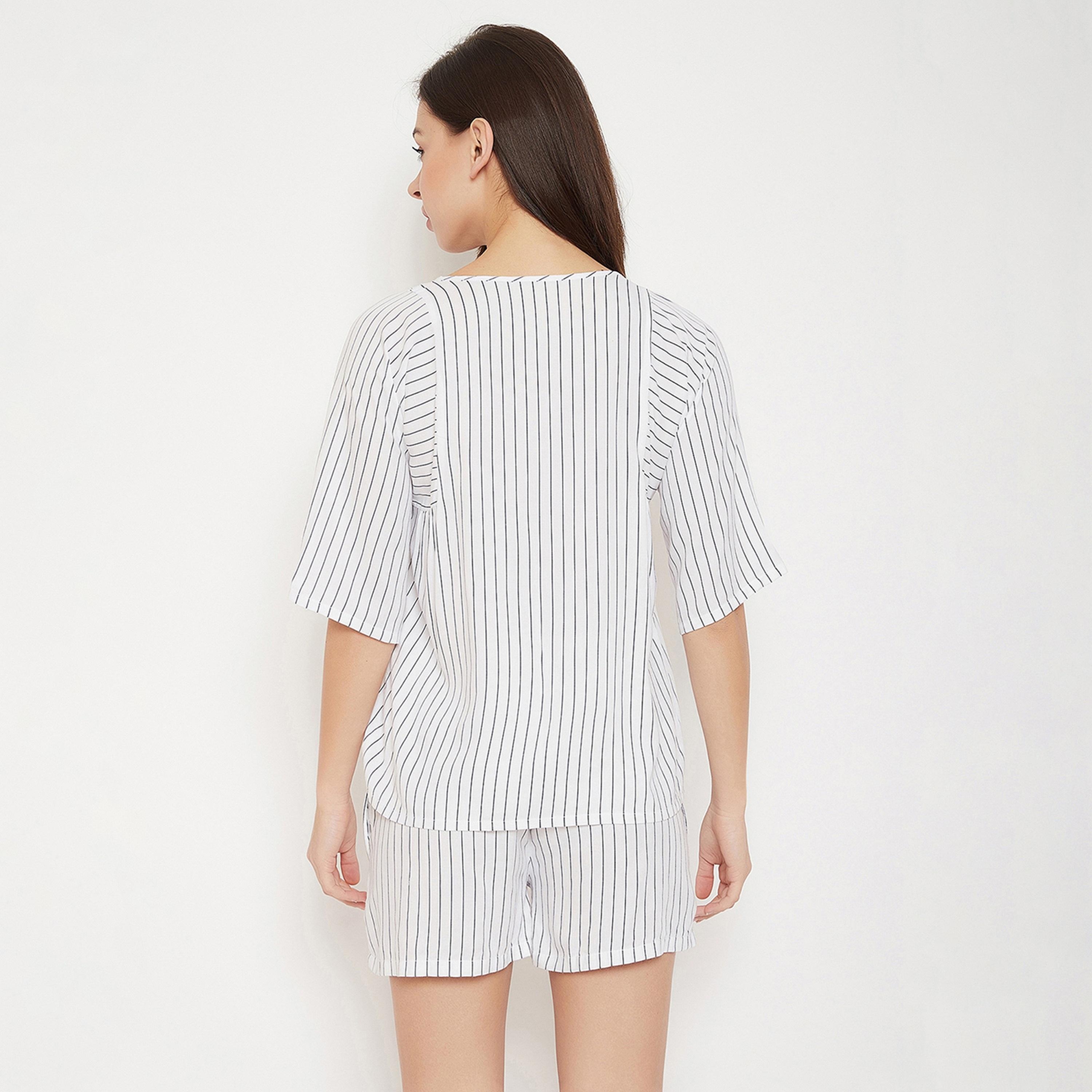 Clovia Women's Sassy Stripes Top & Shorts Set in White - Crepe-women-clothing-nightwear-pyjamas-longsets-image-5