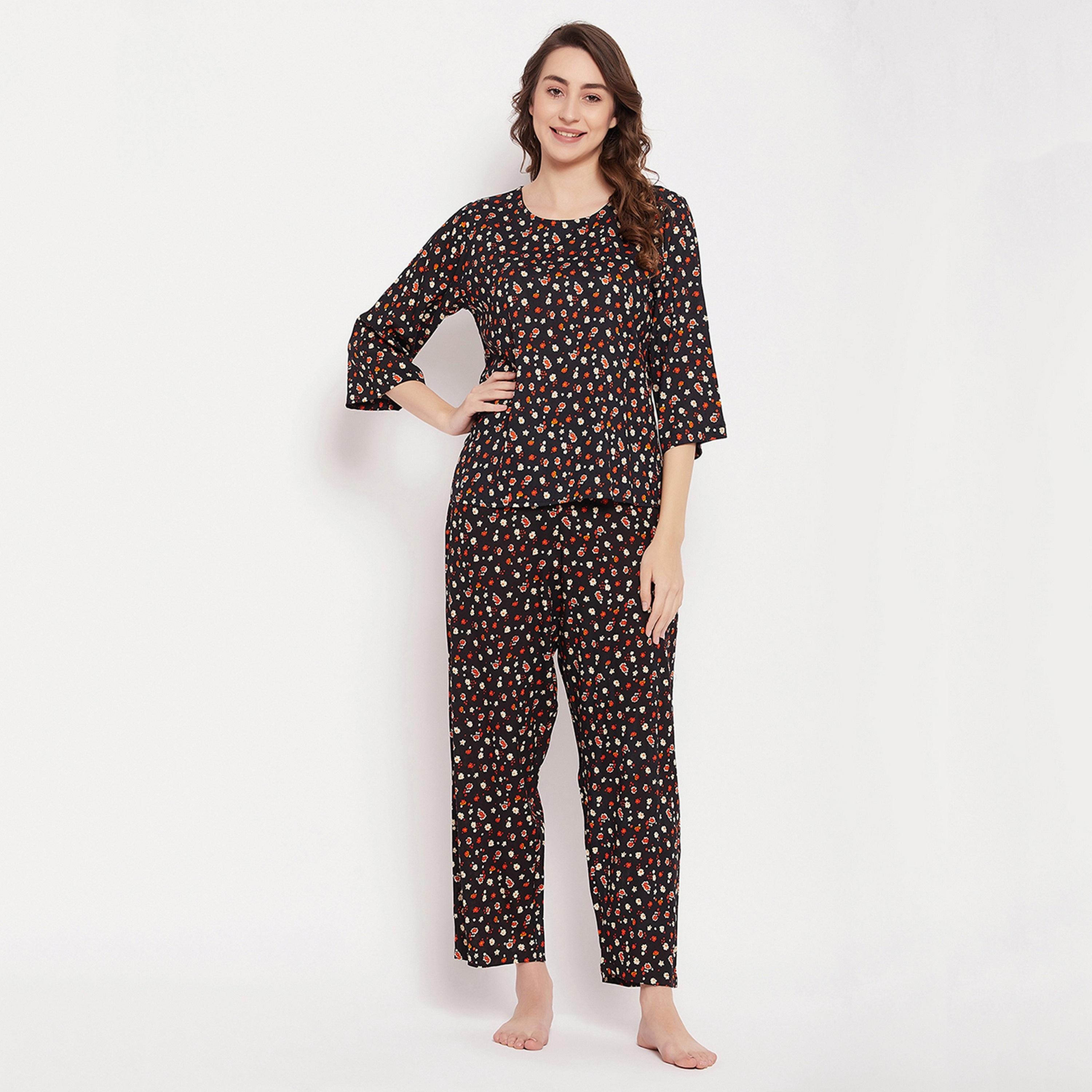 Clovia Pretty Floral Women's Top & Pyjama Set in Black - Rayon-women-clothing-nightwear-pyjamas-longsets-image-1