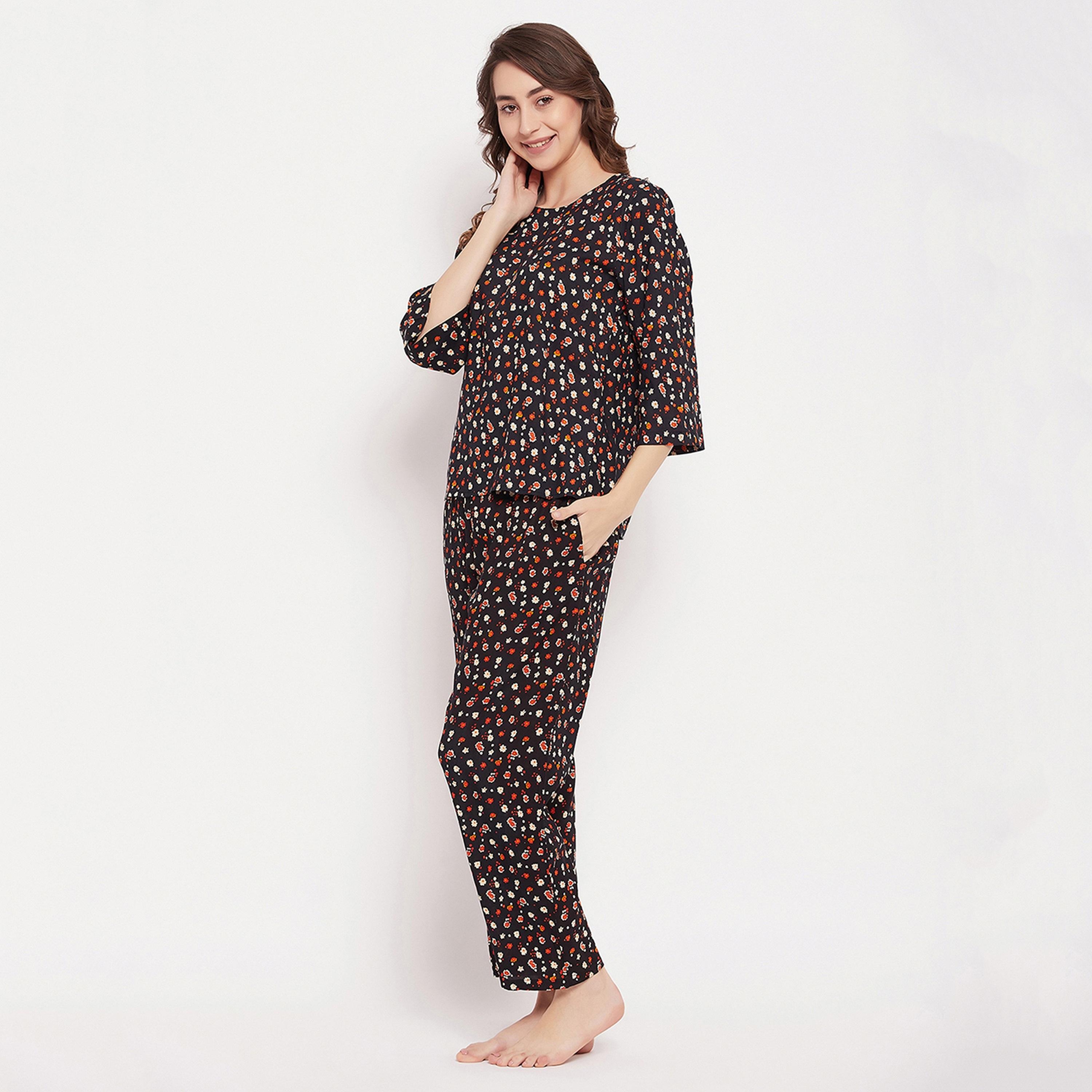 Clovia Pretty Floral Women's Top & Pyjama Set in Black - Rayon-women-clothing-nightwear-pyjamas-longsets-image-2