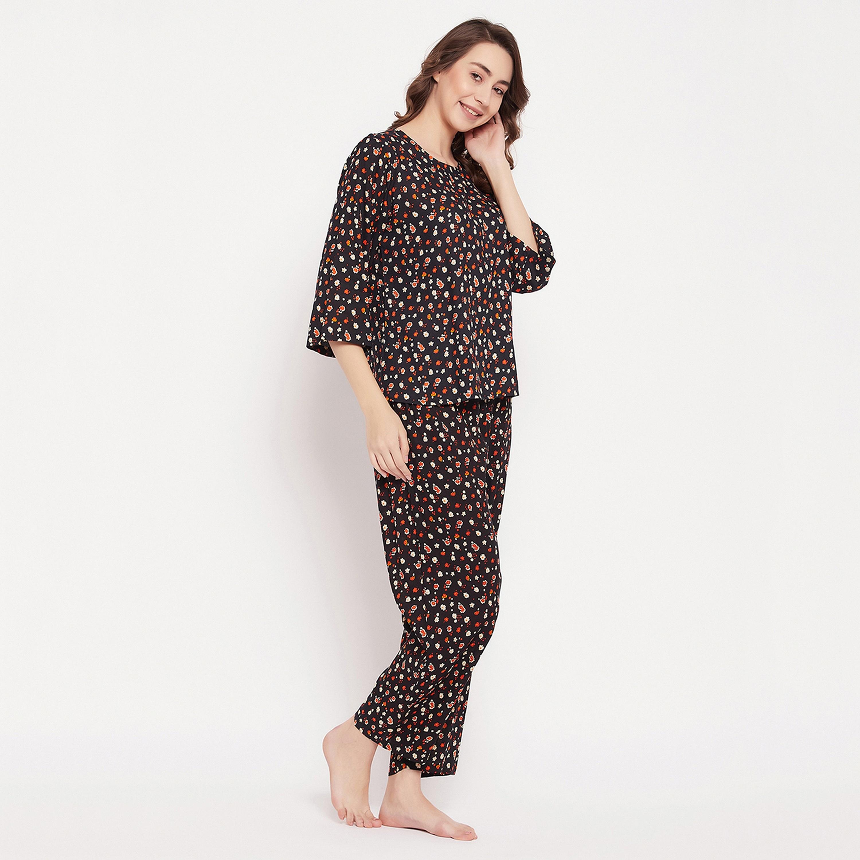 Clovia Pretty Floral Women's Top & Pyjama Set in Black - Rayon-women-clothing-nightwear-pyjamas-longsets-image-3