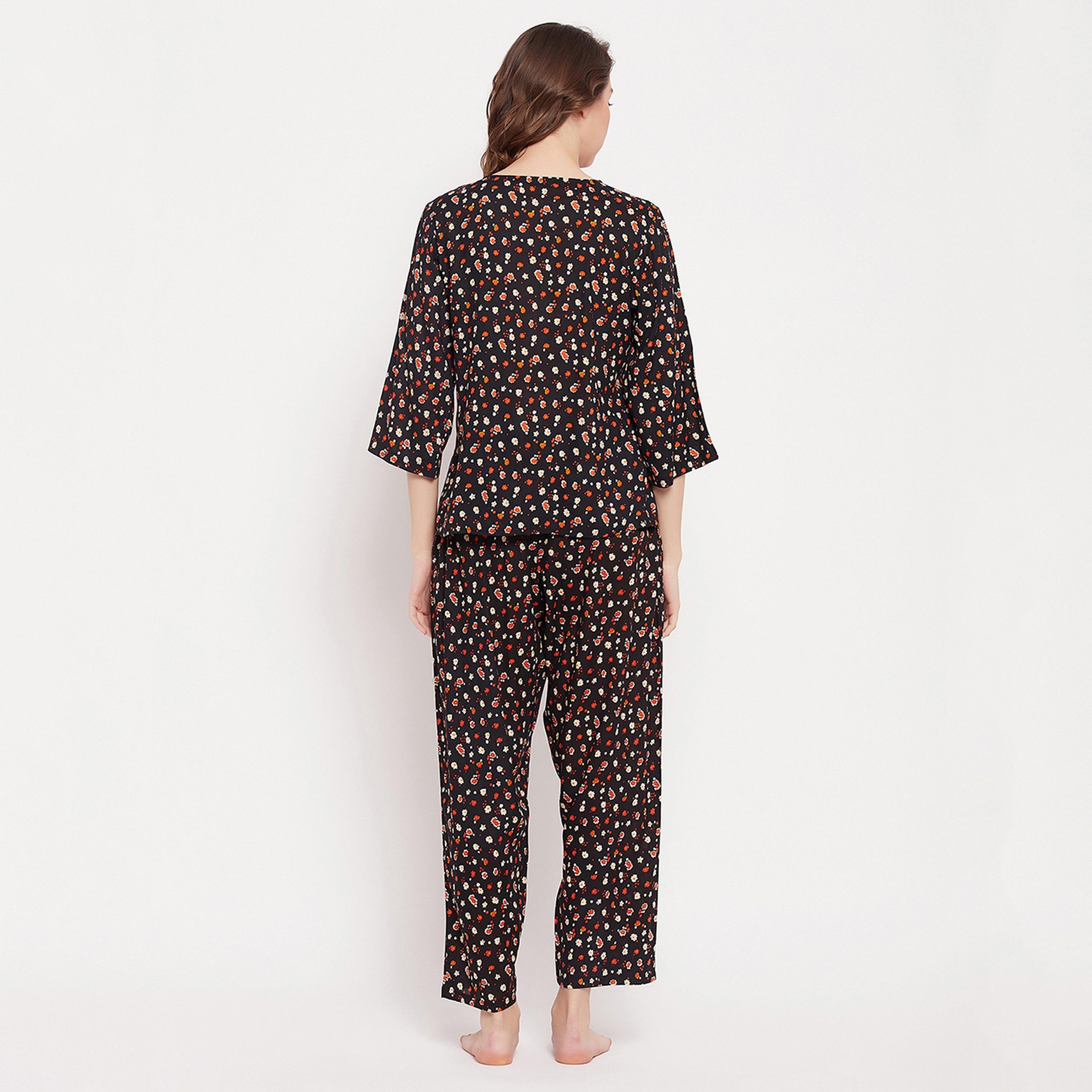 Clovia Pretty Floral Women's Top & Pyjama Set in Black - Rayon-women-clothing-nightwear-pyjamas-longsets-image-5