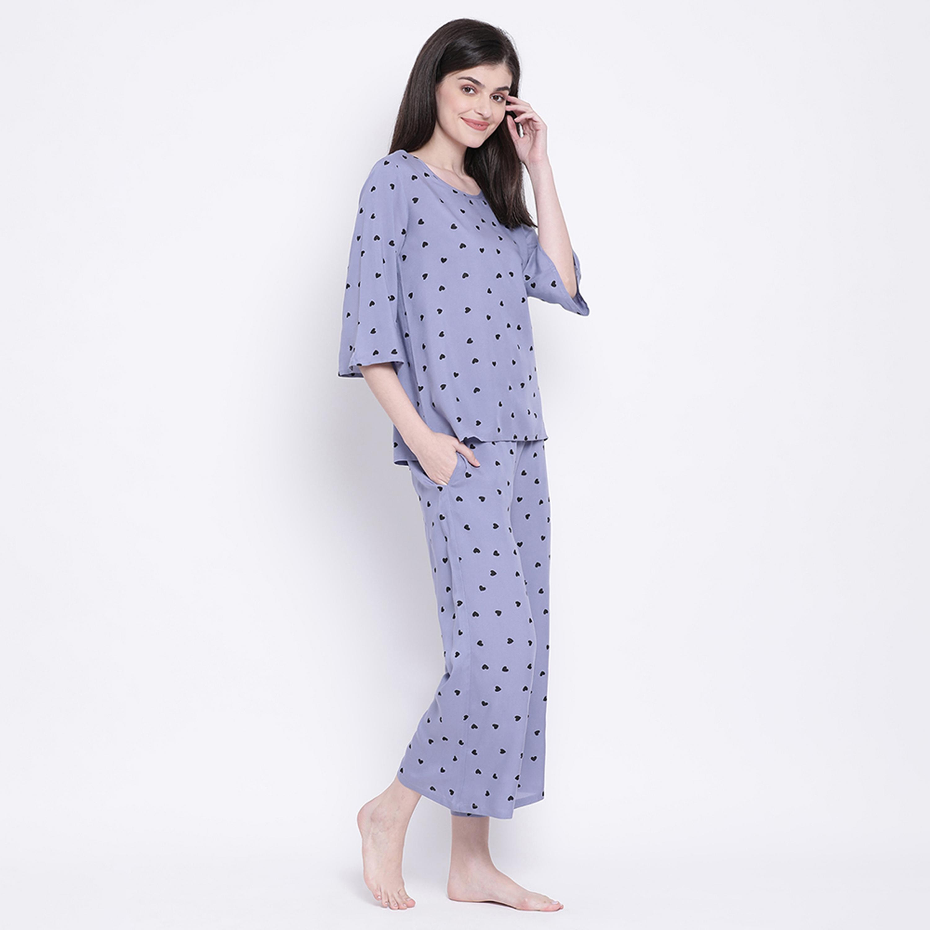 Clovia Heart Print Women's Top & Pyjama in Lavender - Rayon-women-clothing-nightwear-pyjamas-longsets-image-3