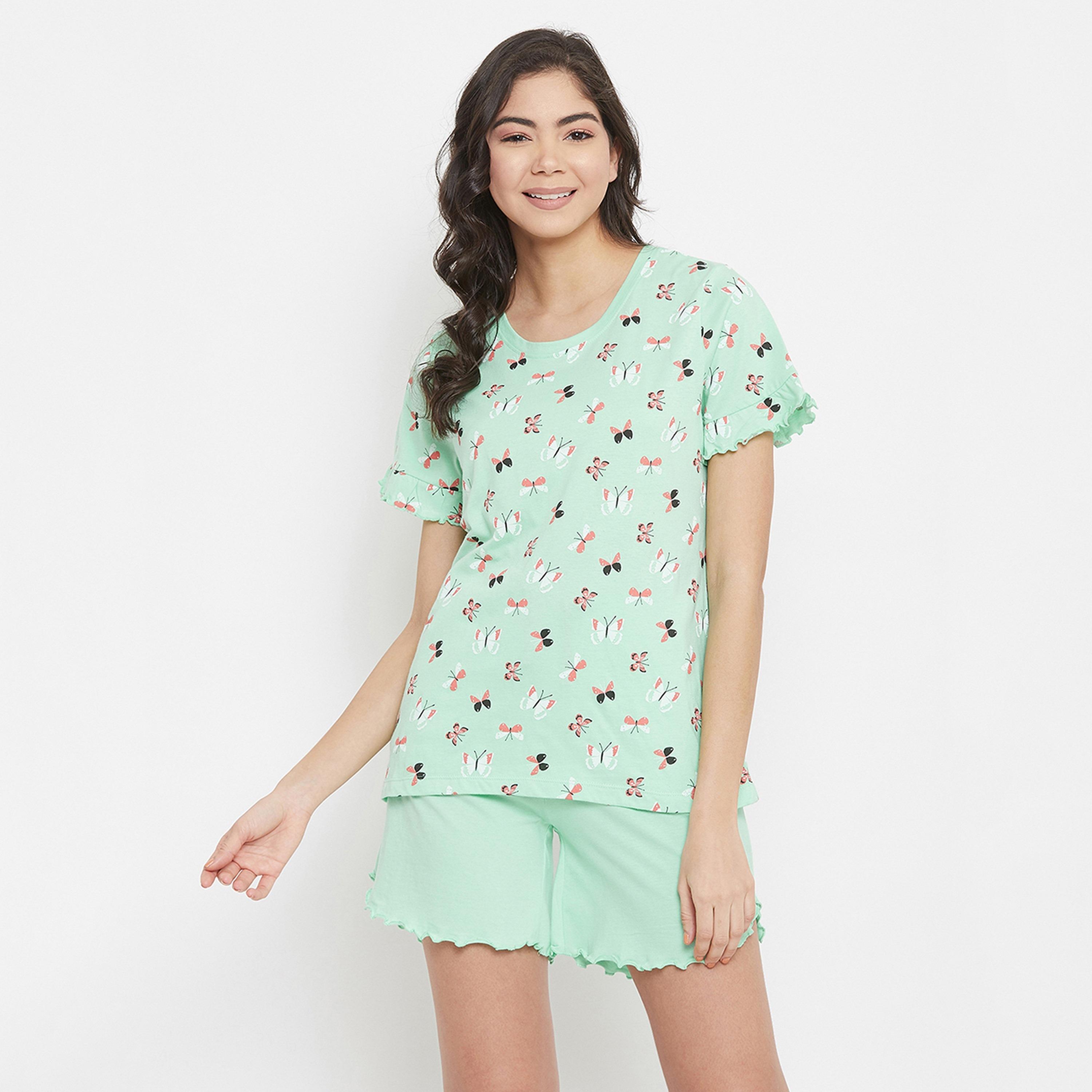 Clovia Women's Butterfly Print Top & Shorts Set in Mint Green - Pure Cotton-women-clothing-nightwear-pyjamas-longsets-image-1
