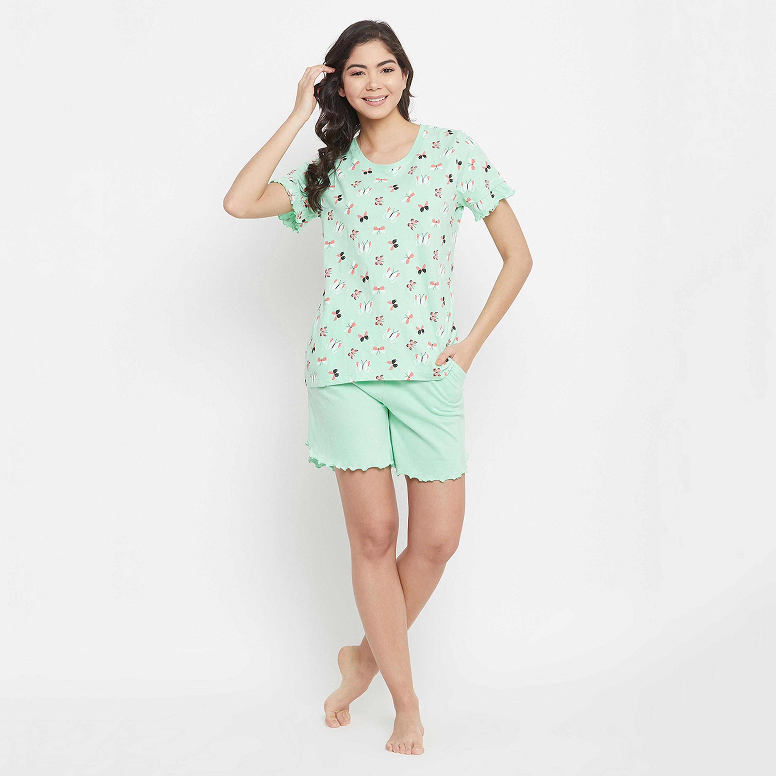 Clovia Women's Butterfly Print Top & Shorts Set in Mint Green - Pure Cotton-women-clothing-nightwear-pyjamas-longsets-image-2