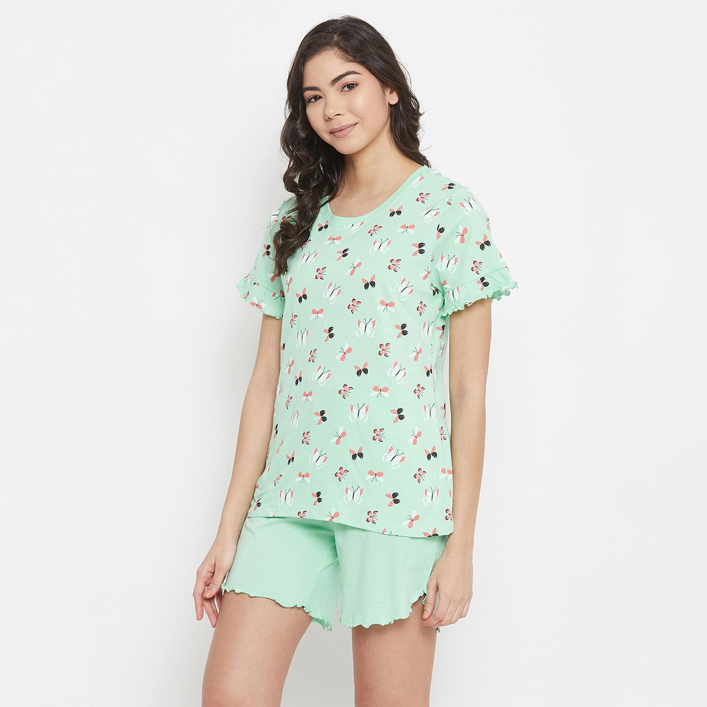 Clovia Women's Butterfly Print Top & Shorts Set in Mint Green - Pure Cotton-women-clothing-nightwear-pyjamas-longsets-image-3