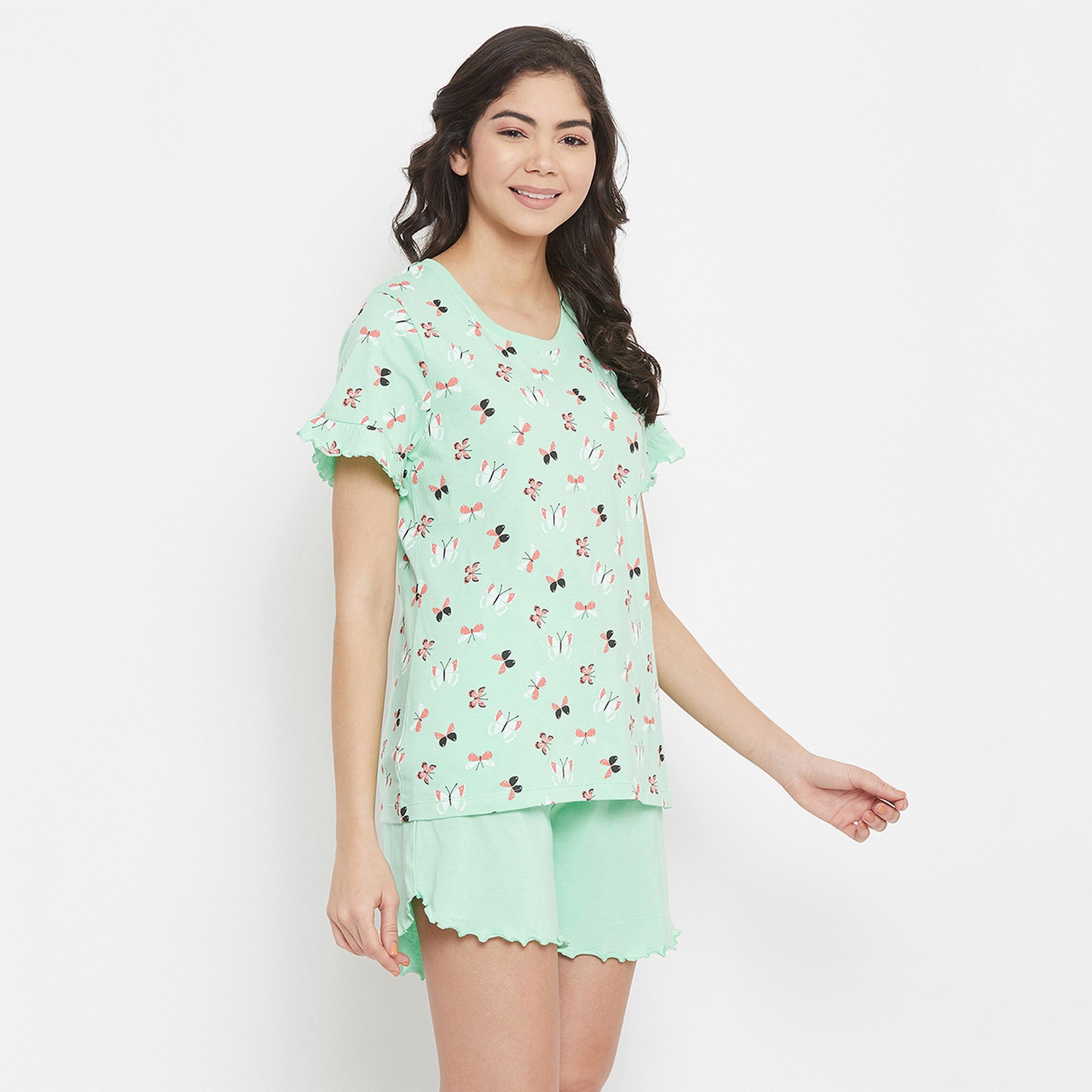 Clovia Women's Butterfly Print Top & Shorts Set in Mint Green - Pure Cotton-women-clothing-nightwear-pyjamas-longsets-image-4