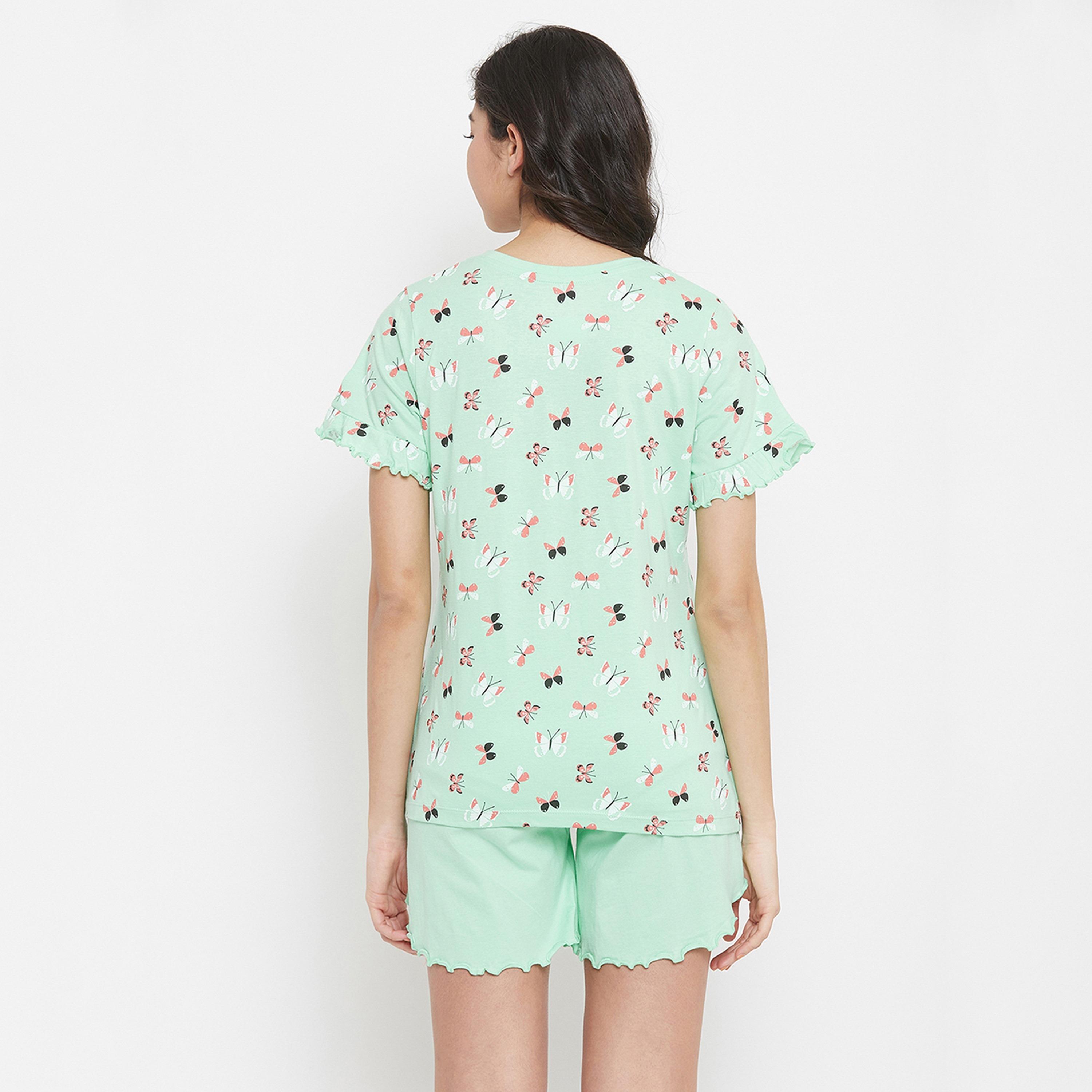 Clovia Women's Butterfly Print Top & Shorts Set in Mint Green - Pure Cotton-women-clothing-nightwear-pyjamas-longsets-image-5