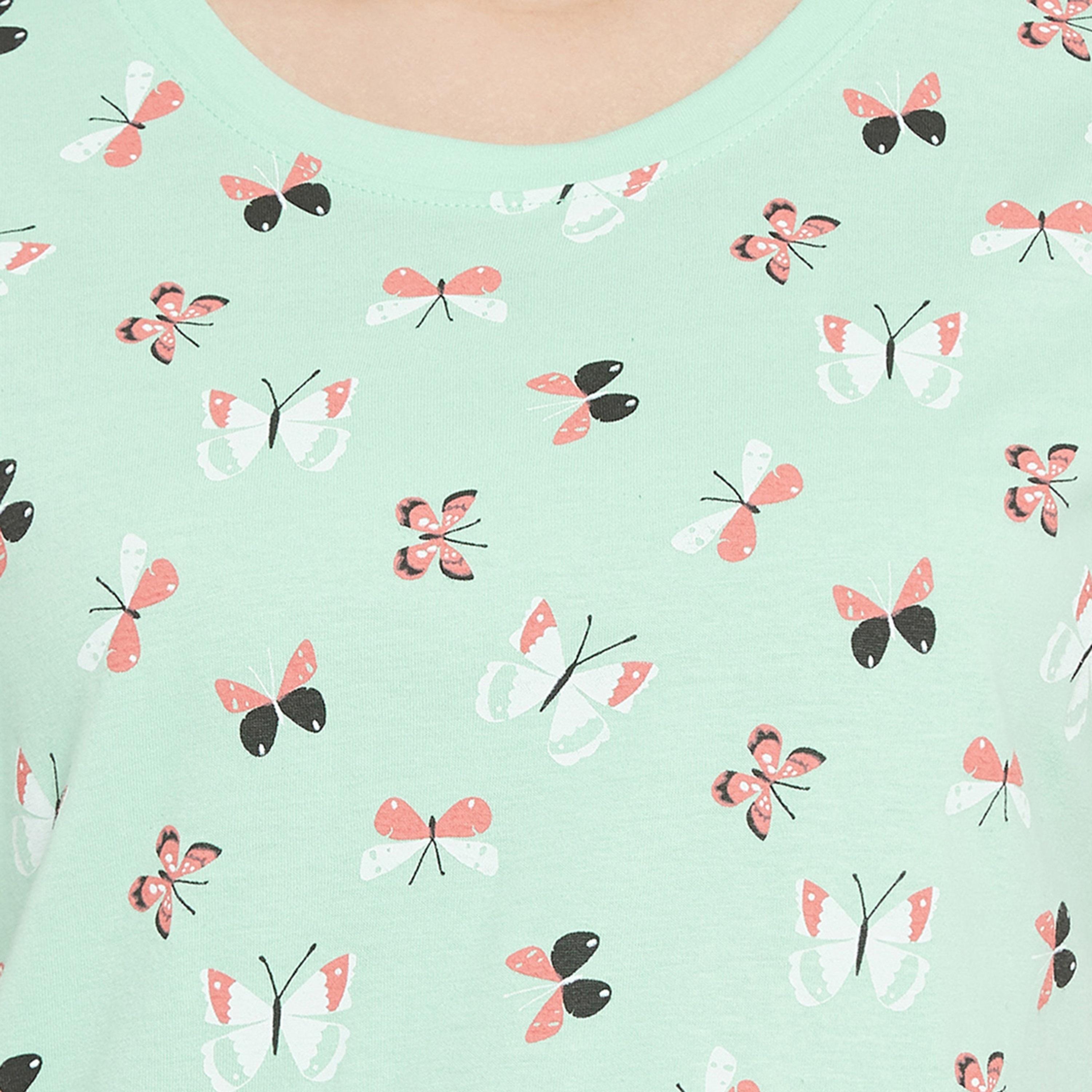 Clovia Women's Butterfly Print Top & Shorts Set in Mint Green - Pure Cotton-women-clothing-nightwear-pyjamas-longsets-image-6