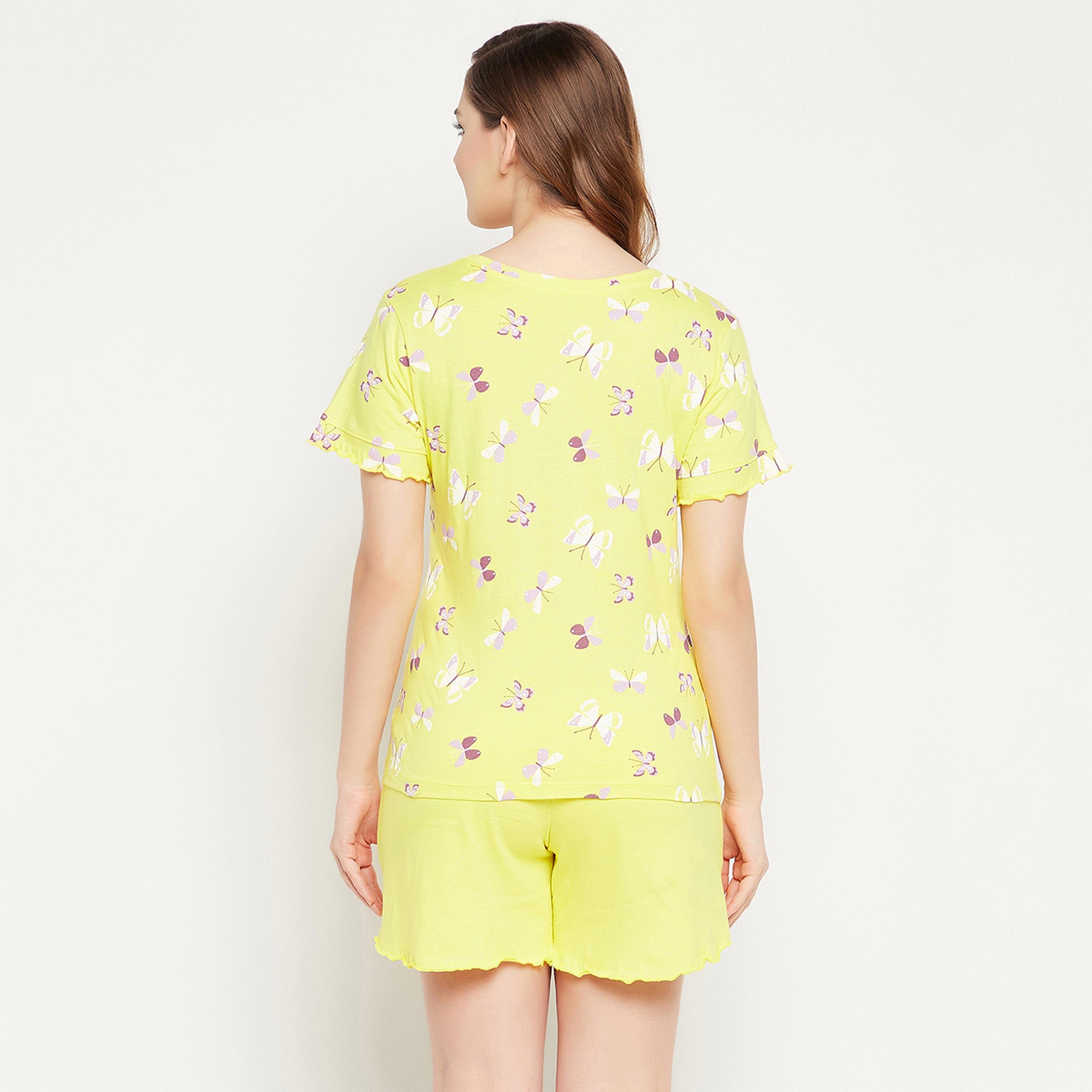 Clovia Women's Butterfly Print Top & Solid Shorts Set in Yellow - Pure Cotton-women-clothing-nightwear-pyjamas-longsets-image-5